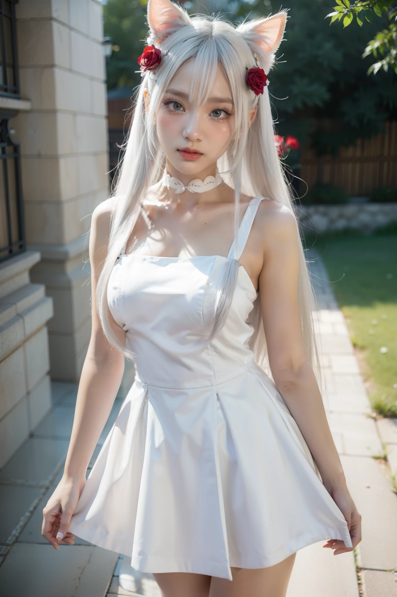 There was a woman wearing a white dress and a red rose in her hair., anime cosplay, anime girl cosplay, cosplay photo, Anime style mixed with Fujifilm, cosplay, white haired god, Beautiful kitsune woman, cosplayer, white cat girl, Silver Haired Girl, Nekomimi, Anime girls in real life, ayaka cosplay, White Hime cut hairstyle