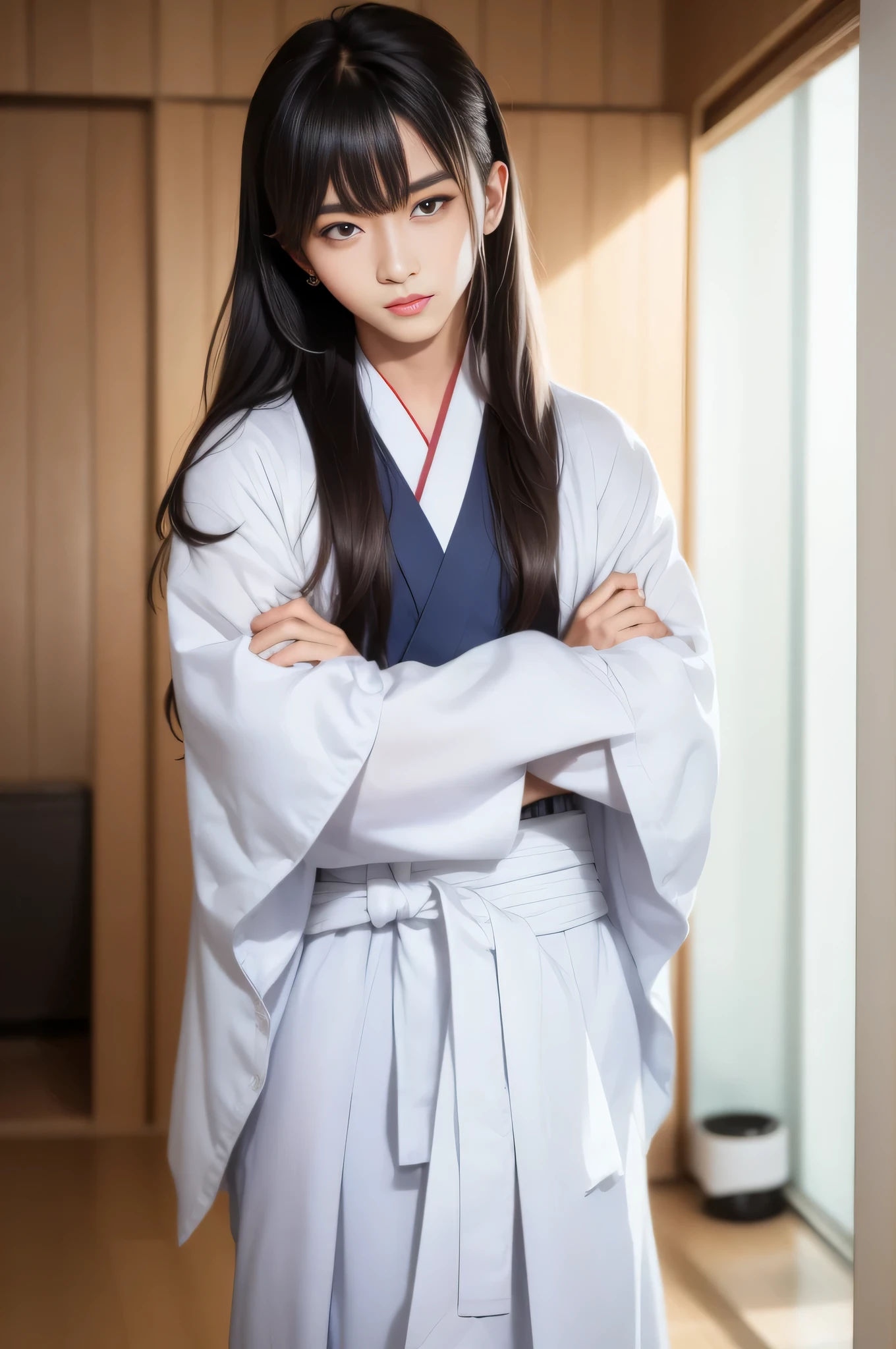 one person、solo、Facing the viewer head-on、Whole body shot、indoor、tatami、dojo、Woman dressed as a man、Good looking woman、Butch、long hair、Black Hair、Black hair、Hair tied together、Iris、Thin lips、Neutral face、20-year-old、Wearing a white haori and hakama、Kimono、sword on waist、Arms crossed、4k、（Masterpiece）、（（Detailed））