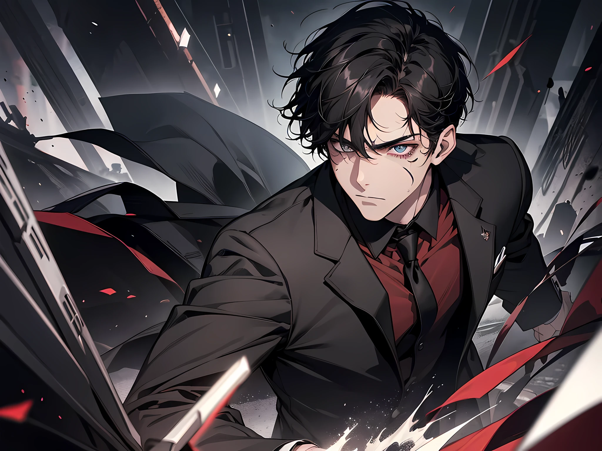 Best quality, 1 man,handsome,Black pupils,Short black hair, Deep sunken eyes, Indifferent expression, Teardrop birthmark under the left eye, wearing black suits, Dark red shirt, dark grey tie, Often carry folding knives with black bone handles, A high resolution, detailed eyes, extremely detailed eyes