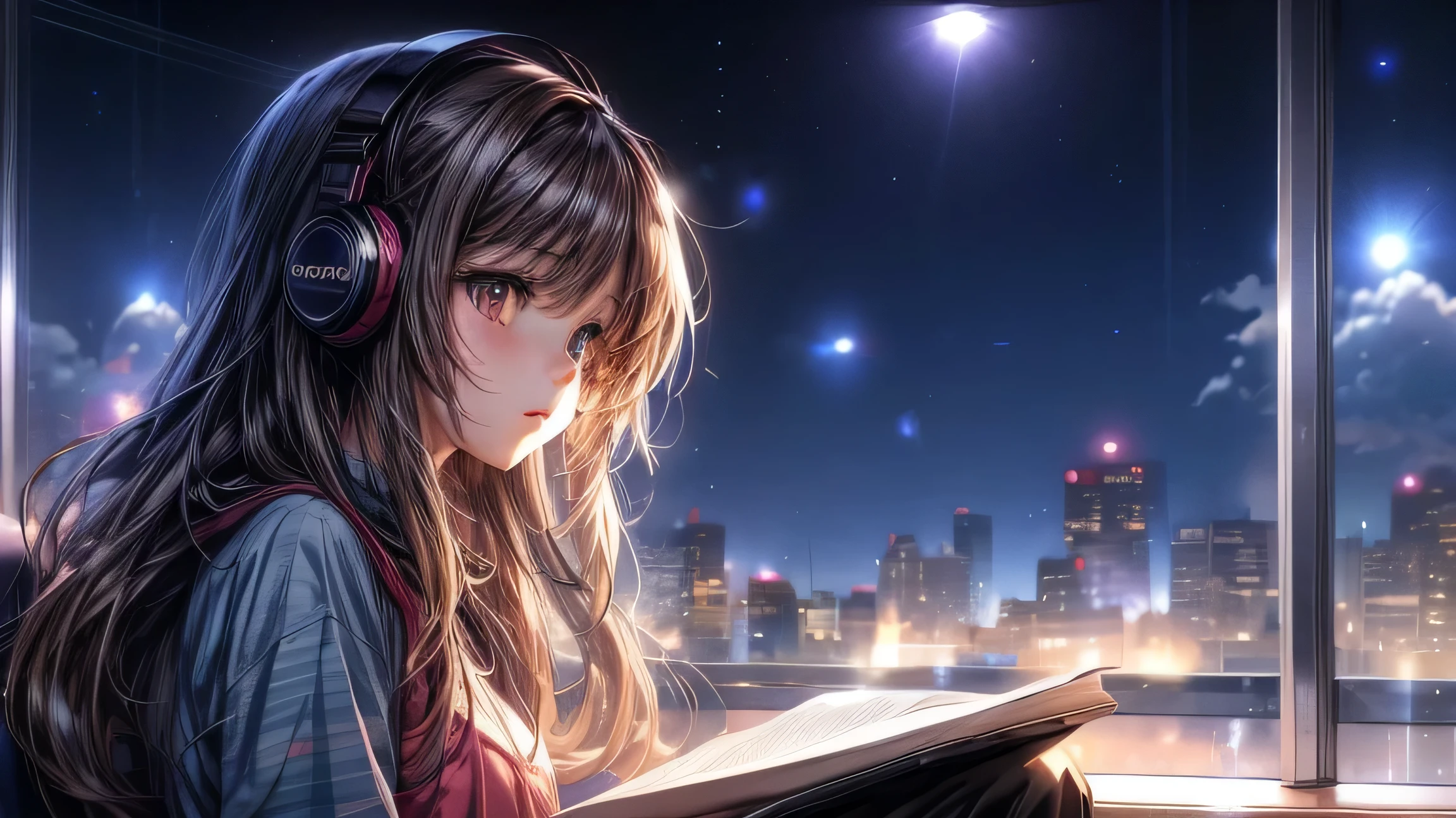 Anime Girls reading a book in a window with headphones, Nightcore, Anime Style 4k, beautiful Anime Girls, Anime Girls desktop background, Anime Girls with long hair, Anime atmosphere, Anime Girls, profile of Anime Girls, an Anime Girls, 4k anime wallpaper, (Anime Girls), anime wallpaper 4k, anime wallpaper 4k, pretty Anime Girls, Beautiful anime style