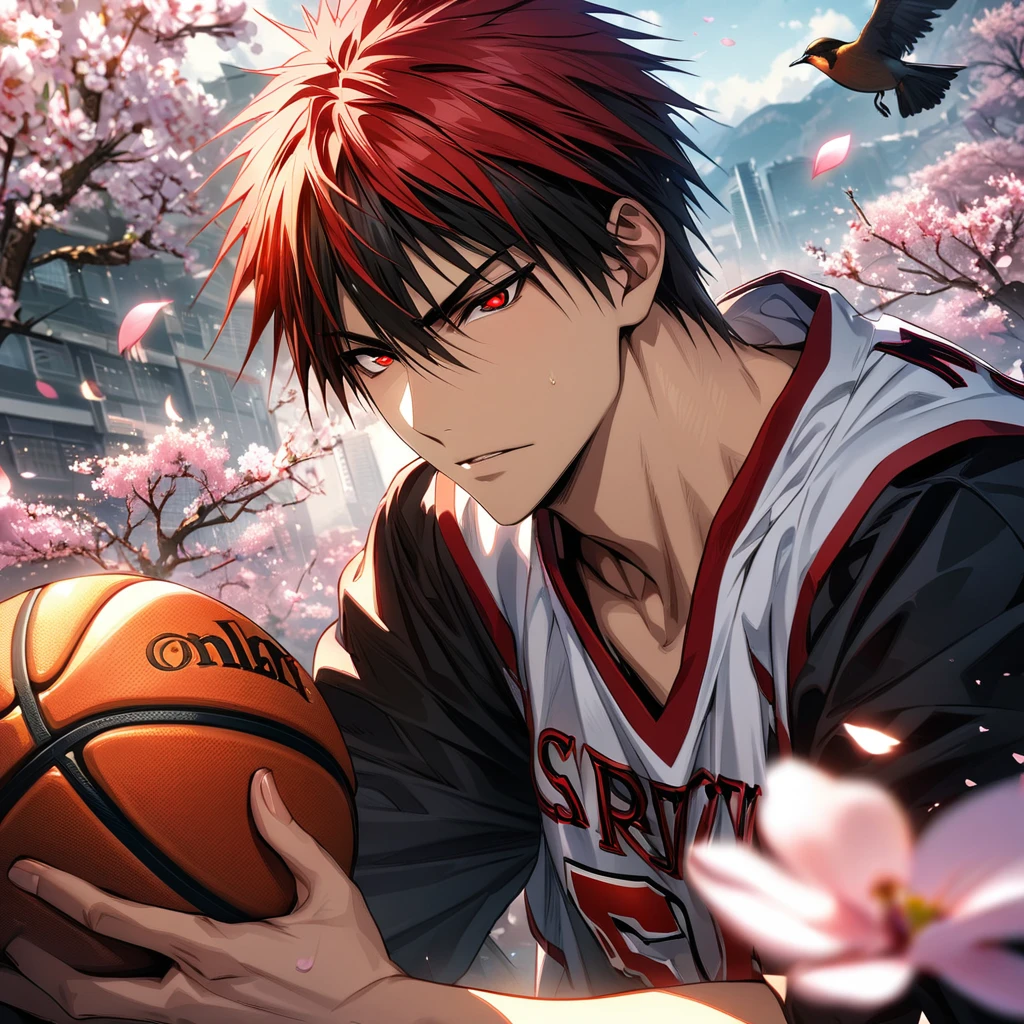 absurdres, highres, ultra detailed, HDR, masterpiece, extremely detailed face and eyes, Kagami Taiga, red short hair, expressive red eyes, Kuroko No Basket, solo, sexy man, handsome, basketball uniform, spring, blossoms, petals, birds