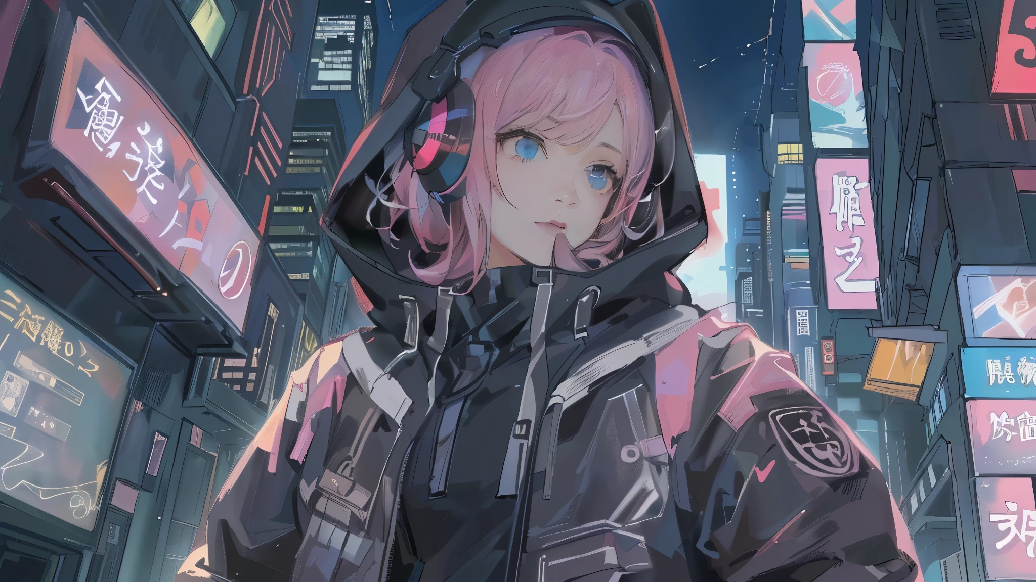 masterpiece,Anime-style illustration showing a young woman in her 20s wearing a black hoodie, Right facing, Stand in the middle of the street in a cyberpunk nightlife district. sheはピンクがかった黒髪の長い髪を持っています、Wearing pink glowing headphones. big breasts、she&#39;You are still looking up at the starry sky, but、sheの視線と体はフレームの右側を向いています. The scene should be lively., Reflects a cyberpunk aesthetic, ネオンと未来的な建物がsheを取り囲んでいます. The hustle and bustle of the city continues, but、sheは&#39;Peace amidst chaos, Immerse yourself in the sights and sounds of the night. In the image、Must capture the calm sky above and the vibrant urban environment。, sheの新しい方向性を強調する.Close-up face
