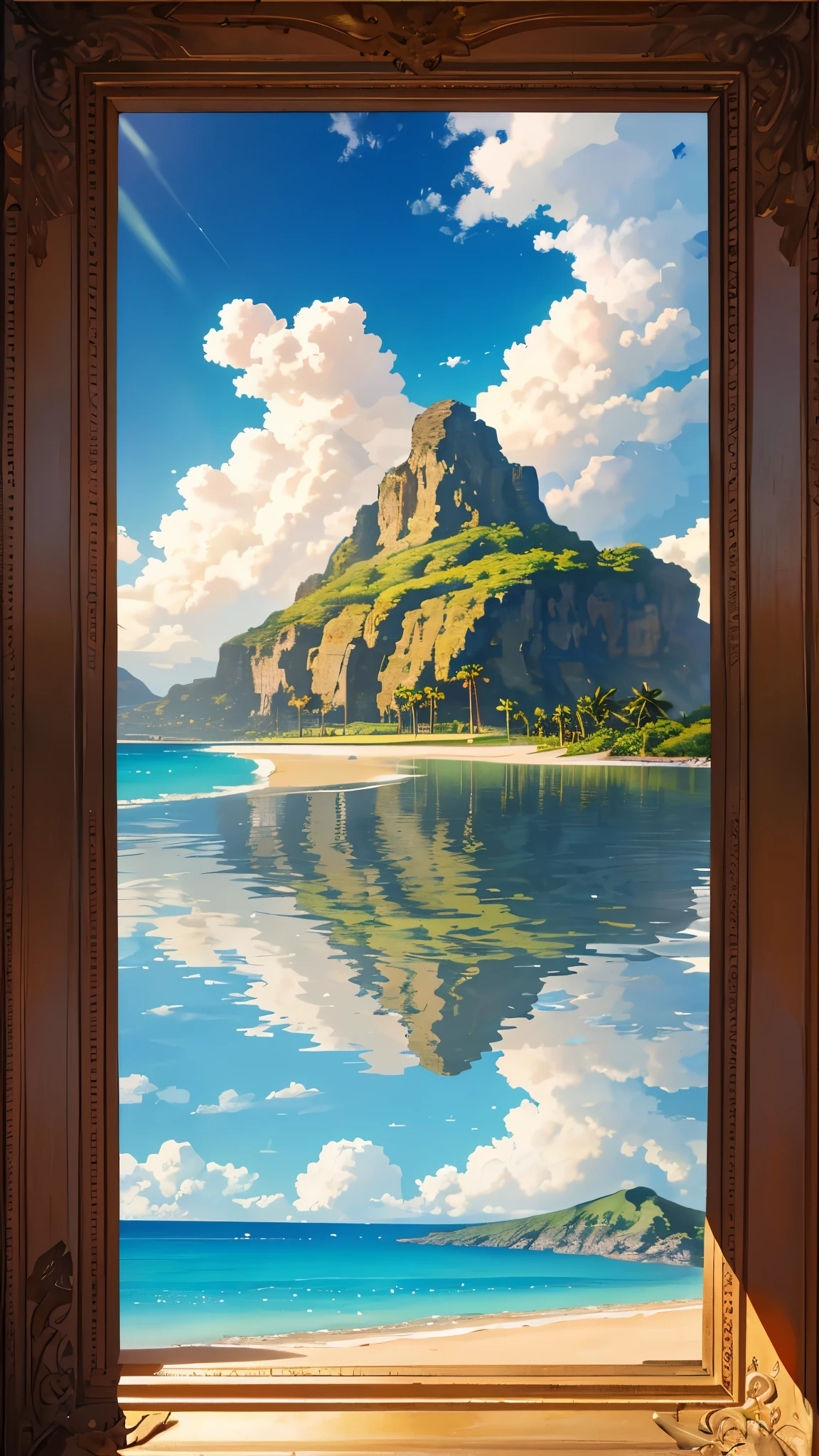 A captivating image of Diamond Head in Hawaii, viewed from a secluded beach, under the dazzling, ultra-detailed, high definition sky. The crystal-clear water reflects the majestic magnificence of the iconic volcanic landmark, as golden sunlight filters through the clouds, casting intricate shadows and highlighting its textured surface. The soft sandy shore, dotted with swaying palm trees, adds to the serene and picturesque atmosphere of this masterpiece.