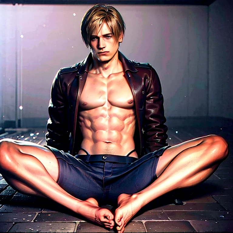 ((Masterpiece)), ((highest quality)), perfect anatomy, Leon S. Kennedy, sitting on the floor, shirtless, feet facing the screen, perfect feet, five toe feet, barefoot