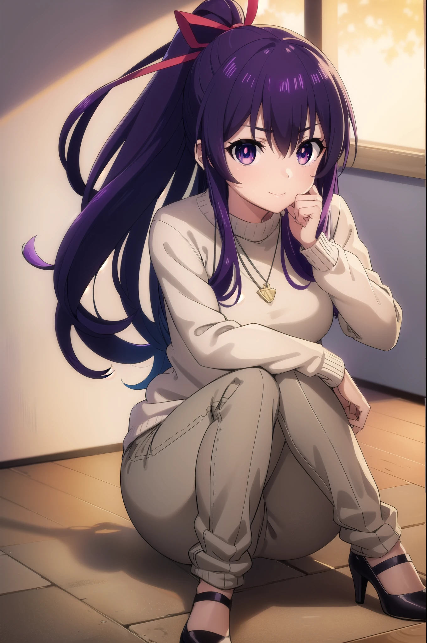 tohkayatogami, tohka yatogami casual, long hair, purple hair, alluringly smile , cream colour sweater ,knit sweater, tuck in sweater ,tight sweater, horizontal line on sweater, turtle neck, ,necklace, ribbon , denim trousers, purse (purple eyes:1.1), hair ribbon, ponytail, purple hair, white ribbon, g cup breasts, bewitched thighs, slender waist, plump butt , high heels 
BREAK ,
BREAK indoors, office, alone, 
BREAK looking at viewer, alluring poses, sitting on desk, full body view, head to toe view, white high heel
BREAK (masterpiece:1.2), best quality, high resolution, unity 8k wallpaper, (illustration:0.8), (beautiful detailed eyes:1.6), extremely detailed face, perfect lighting, extremely detailed CG, (perfect hands, perfect anatomy),