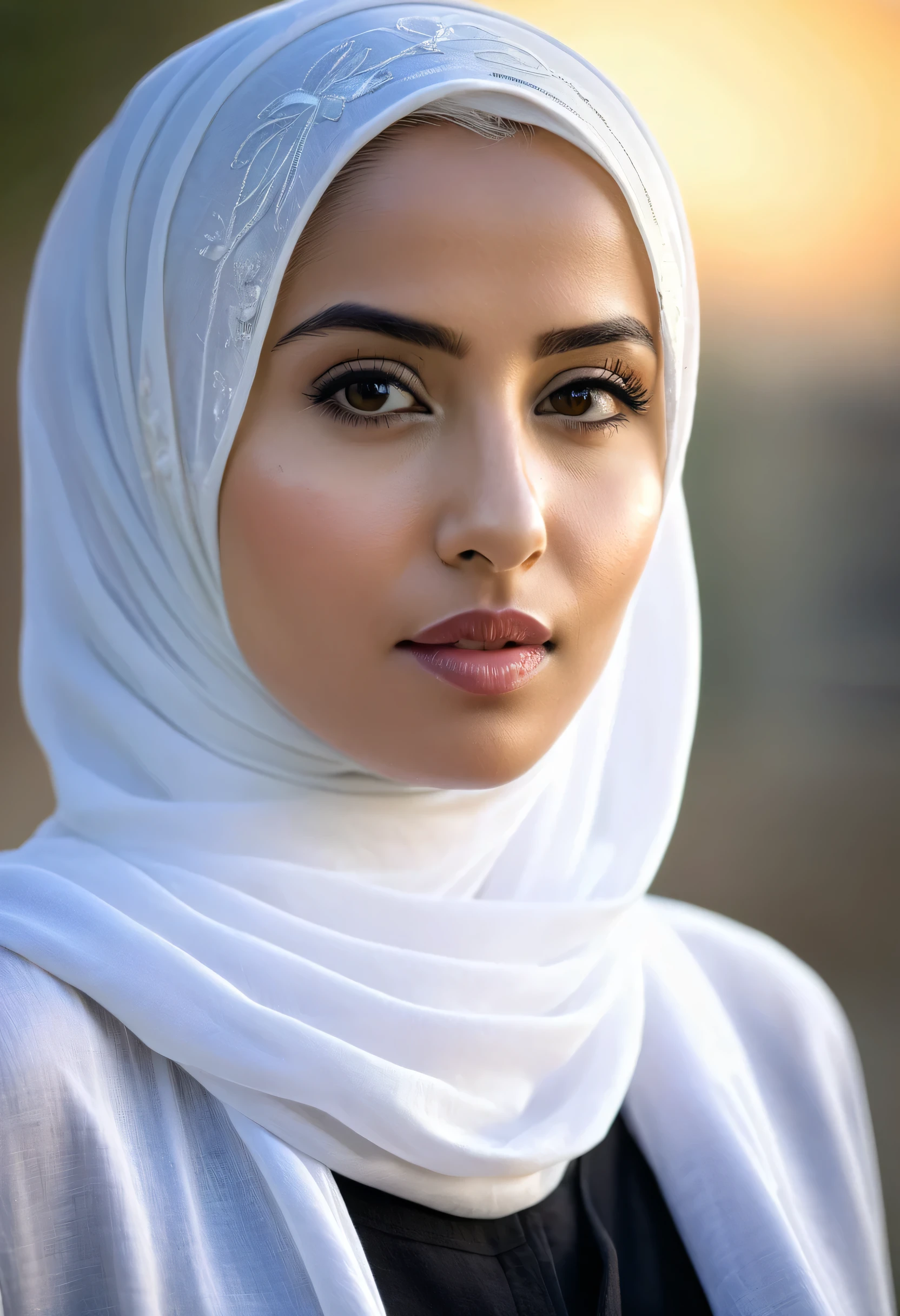 (Best quality, masterpiece) ,(nikon RAW photo, 8 k, Fujifilm) , 1girl, mature female, (hijab, white hijab:1.2) , casual outfit, very huge breast, professional lighting, dramatic lighting, medium close shot, (serious expression), emotionless, looking to viewer, outdoor, depth of field,