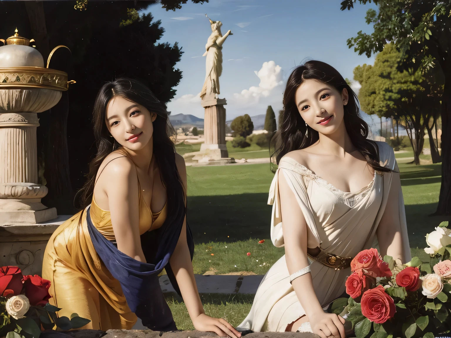 full body portrait or statue、Giorgione painting style,Arguments of two female Philosophe,math、astronomical machine、astronaut、roses in vase、fruits、Cute trinkets、smile、ancient greek costume、Ancient Roman landscape in the style of Nicolas Poussin,laughter,,Sweet and seductive appearance.、Caravaggio's paintings、Chiaroscuro of Caravaggio、hair tousled by the wind,Two women frolicking,cute smile, expression of ecstasy,Sexy,erotic