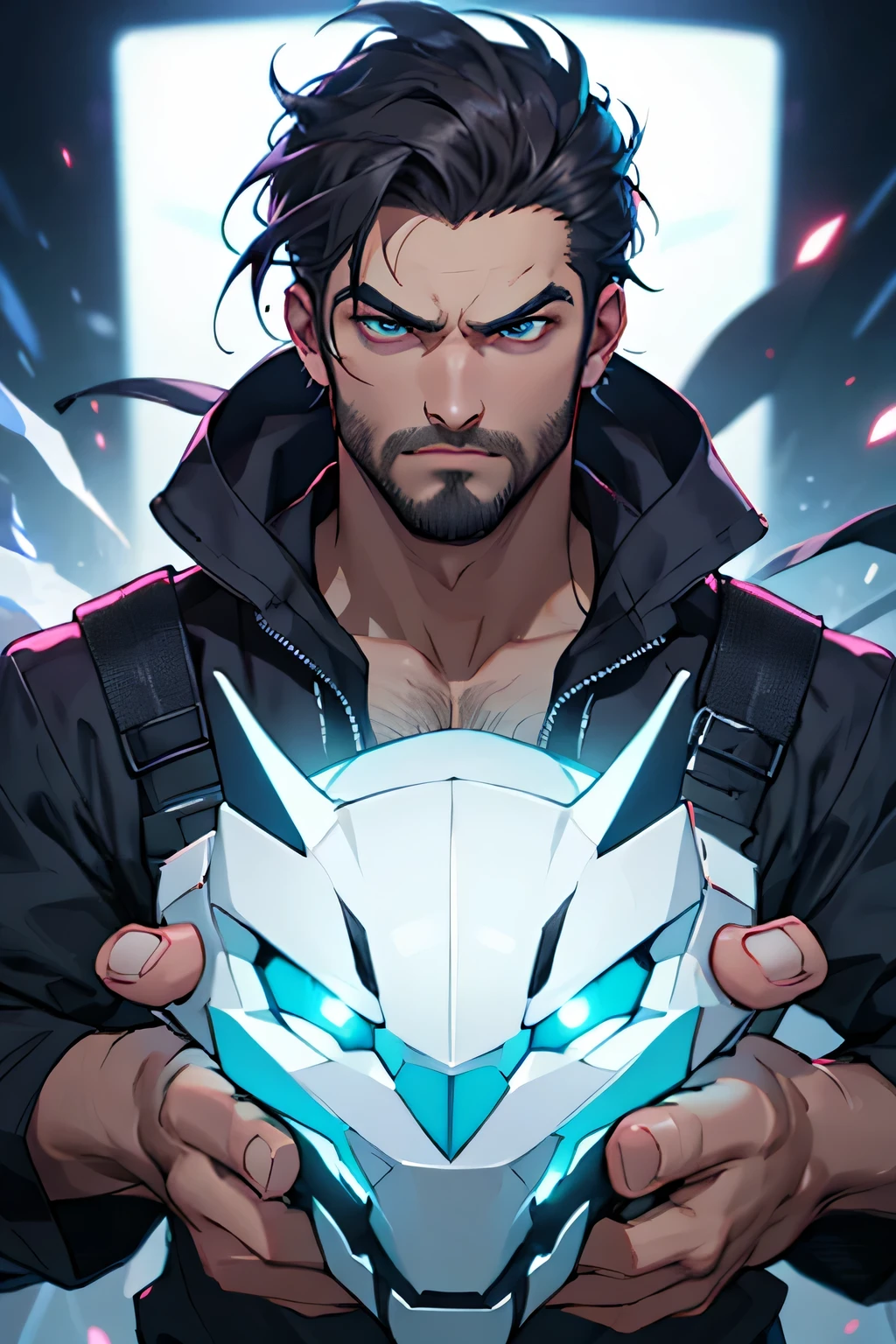 Rapaz bonito com barba linda com estilo de roupa gamer maneira, His serious look, com seus olhos normal