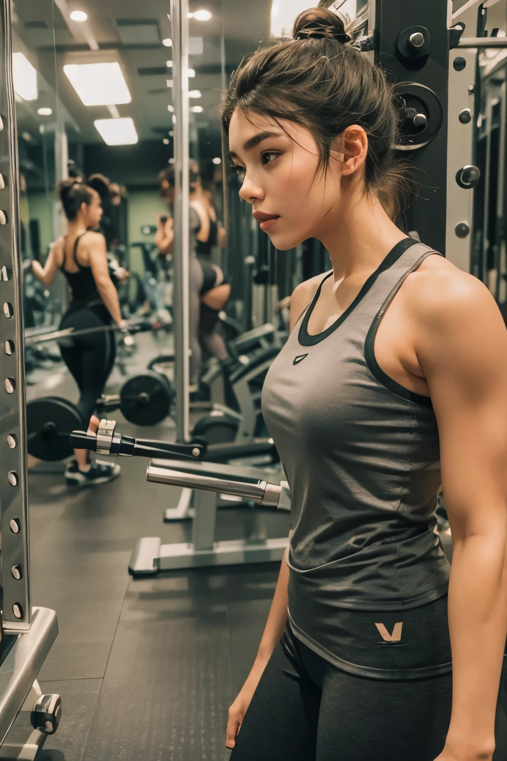 ((best quality)), ((masterpiece)), (detailed), perfect face, Araped woman with short hime hair, doing strength training at the gym, Madison Beer, without makeup, Profile picture, Use Instagram Filters, Subtle soft and dim light, perfect face, julia sardinian, perfect hands, Random Actions, Full-body view,