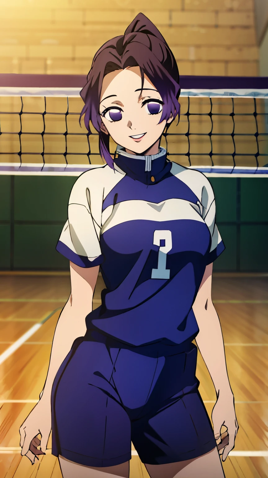 (Top Quality, 8K, High Resolution, Masterpiece: 1.2), Anime Art Style, Shinobu Kocho, 1 Girl, Perfect Face, Perfect Eyes, Soft Expression, Medium Breasts, Purple Hair, Natural Lips, Short Hair, Pretty Parted bangs, purple eyes, narrow eyes, large butterfly hair clip, ((Volleyball wear, ponytail, gymnasium, smile, cowboy shot)), viewer appreciation,