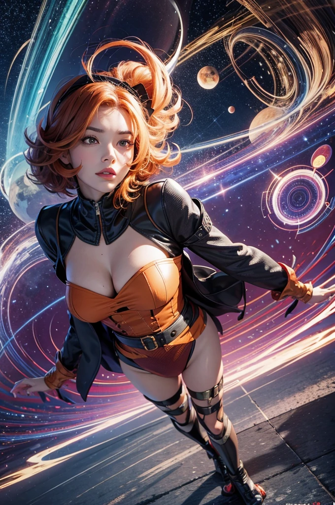 concept art, overhead angle of a Will-o'-the-wisp, wearing Funny Somali Emerald deep orange Pinafore, Caramel hair styled as Short hair, fluorescent purple Hair tie, equirectangular 360, Highres,  [(art by Willi Baumeister:1.1), (art by John T. Biggers:1.2)::17], official art, unity 8k wallpaper, ultra detailed, aesthetic, masterpiece, best quality, photorealistic