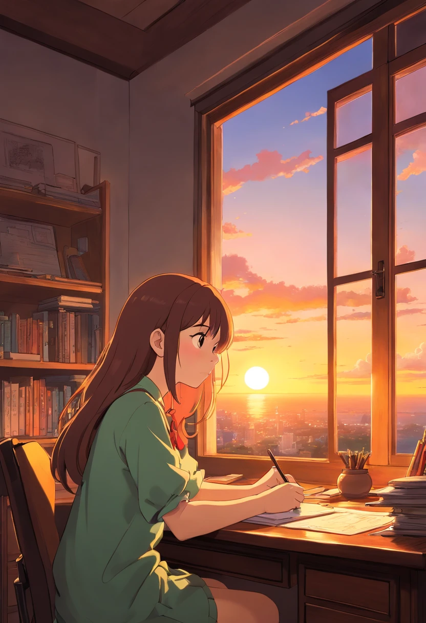 Girl at desk,Side angle,evening,Sunset from the window