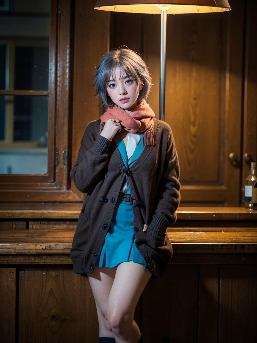 (1 lady), (Best quality at best:1.4), (ultra - detailed), (extremely detailed CG unified 16k), A Beautiful Woman with Perfect Figure: 1.4, Sharp Focus: 1.2, very detailed, High-definition RAW color photo, professional photoshooting, amazing face and eyes, cosmetics, (amazingly beautiful girl), ((yuki)), ((winter uniform, cardigan, kneehighs, blue skirt, serafuku, brown coat, scarf, kneehighs)), standing, sexyposture，(Dark and stylish bar, drinks, lamp lights, lamp lights:1.3), (look from down), realistic cinematic face, head to feet long wide zoomed out view, full body long view, photorealistic, ((realistic natural grayish purple hair style, yellowish eyes)), gorgeous, extremely beautiful face, perfect model beauty, pout mouth, Highly Detailed Face and Skin Texture, Detailed Eyes, Double Eyelids, Big Breasts, inexpressive face, cleavages, western, (masterpiece), best quality, high resolution, extremely detailed, blurred background, depth of field, cinematic lighting, amazing legs, high heels, clear and well-cared skin,