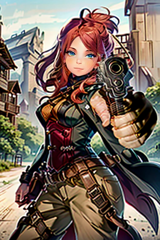 A badass monstergirl woman gunslinger, (strong, fierce), with sharp crimson eyes, (detailed, mesmerizing), focused on her target. Her face is beautifully detailed, with high cheekbones and a determined expression. Her lips, plump and painted a deep scarlet, hold a hint of a defiant smile. She stands tall, radiating confidence and strength.

Her outfit is a perfect blend of steampunk and western aesthetics. She wears a leather trench coat, (durable, weathered), adorned with intricate brass buttons and straps. The coat flows behind her, embellished with personalized engravings and patches, telling tales of her courage and victories. Underneath, she dons a form-fitting corset, accentuating her hourglass figure. Her pants, made of tough fabric, are tucked into calf-high boots, (sturdy, well-worn), with metal spurs jingling with every step she takes.

In her gloved hands, she wields a pair of sleek, custom-made revolvers, (engraved, lethal). The barrels are polished to a mirror-like shine, reflecting her unwavering determination. On the grips, intricate dragons coil around with ruby eyes, a symbol of her fiery spirit. With a quick draw, she twirls the pistols effortlessly and aims down the sights, (steady hands, sharp aim), ready to unleash her unmatched marksmanship.

The scene is set in a dusty desert town. The sun sets on the horizon, casting a warm golden glow, (sunset, warm tones). The buildings, weathered and worn, exude an old-west charm. Wooden planks creak underfoot as she strides through the town, radiating an aura of authority. Dust swirls around the rugged terrain, like a devilish companion. The air is filled with the scent of gunpowder, anticipation hanging thickly.

As she stands in the center of the town square, the townsfolk watch in awe and fear, peeking from behind closed shutters and half-open doors. Their expressions reveal a mix of curiosity, admiration, and genuine fear. They know she is a force to be reckoned with, a guardian of justice, (fearless,