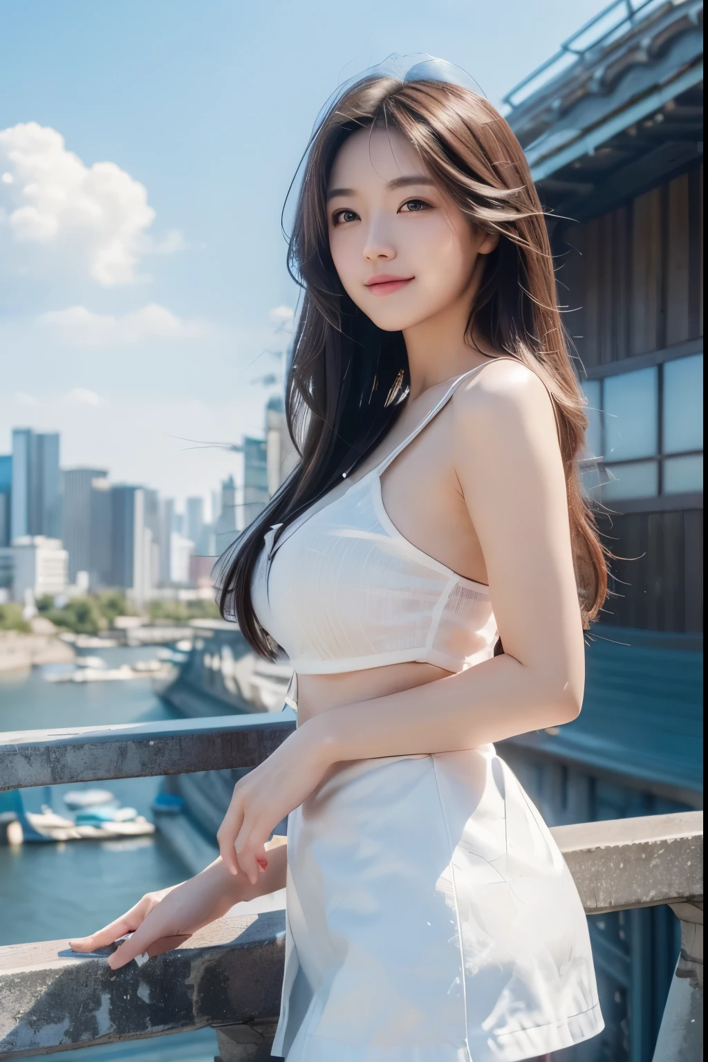 ((Midnight, Best Quality, 8K, masutepiece :1.3)), Whole body, Long legs, Sharp Focus :1.2, A pretty woman with perfect figure :1.4, Slender Abs :1.1, ((dark brown hair, Big breasts :1.2)), (White tight tshirt, Jean Bib, Standing:1.2), ((Night City View, On the rooftop:1.3)), Highly detailed face and skin texture, Detailed eyes, 二重まぶた, Sunset, blacken, Back lighting, off shoulders、