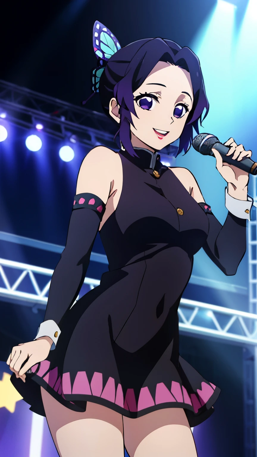 (Top Quality, 8K, High Resolution, Masterpiece: 1.2), Anime Art Style, Shinobu Kocho, 1 Girl, Perfect Face, Perfect Eyes, Soft Expression, Medium Breasts, Purple Hair, Natural Lips, Short Hair, Pretty Parted bangs, purple eyes, narrow eyes, large butterfly hair clip, ((Idol costume, idol dress, idol stage, microphone, smiling, singing, cowboy shot)), viewer appreciation,