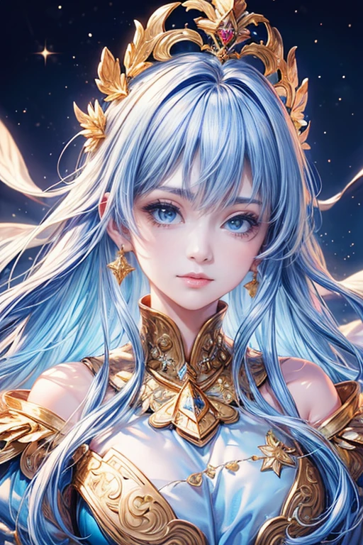(highest quality,8k,CG,beautiful,Upper body details,,Thumb Girl,Taffeta coat dress,Floral Background,Detailed facial features,Long flowing hair,Almond-shaped eyes,Complex eye makeup,Long, fluttering eyelashes,Big eyes and twinkling stars,Exquisite lip detail,Soft and harmonious style), ((Glaze colored hair)),((Bright Blue Eyes)),((Cosmic hair)),Crown,((Starry sky background)),goddess,((Fantasy Empress)),beautiful瞳,Gold Bracelets,Gold ornaments,Gold earrings,Portraiture,Looking at the audience