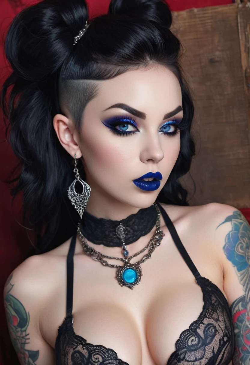 Hyper realistic photo perfect succubus vampire, sexy seductive facial features, tattooed face, smooth snow white skin, thin curved black eyebrows, Black eyeliner, dark black eye shadow, neon blue eyes, crazy eyes, thick black lipstick, curved lips, extremely detailed long black wavy hair, vibrant red highlights, earrings, lip piercings, choker collar with chains, ((complete fullbody)), larg voluptuous breast,detailed small perky nipples, tattooed breast,devil tattooed Sternum underboob, tattooed stomach, slim waist, toned hips, toned thighs, tattooed back, tattooed hips, age vagina, perfect pussy, thick toned ass, demonic tattooed vagina, demonic tattooed ass,exotic fishnet, full body portrait