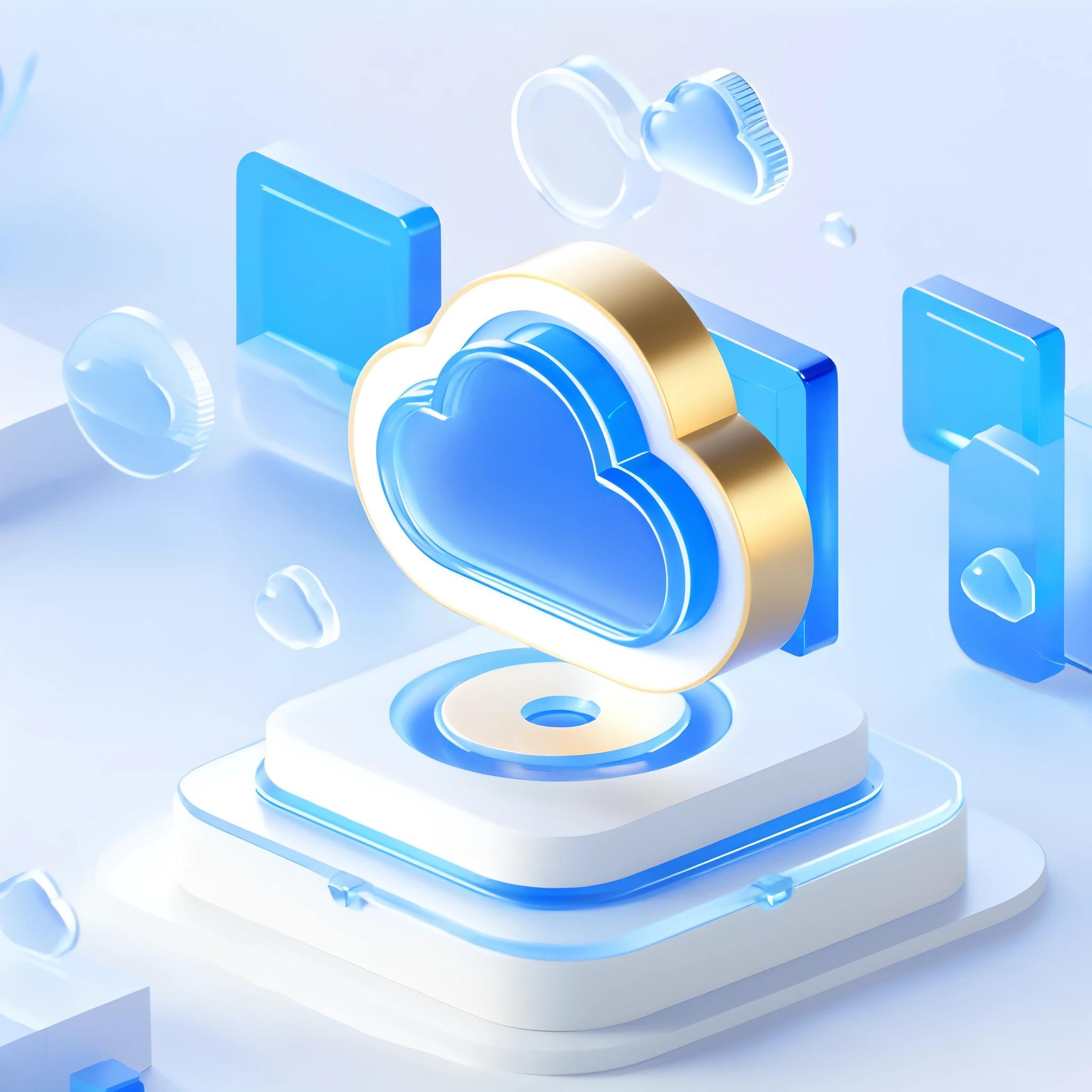blue|Golden cloud icon,Many details, Octane Rendering, Transparent glass texture,Frosted glass, Transparent sense of technology, industrial design, White background, Studio Lighting, Sunlight, flat, smallest, Quasi-object, Axisymmetric, Blender, C4D, best quality, 4K