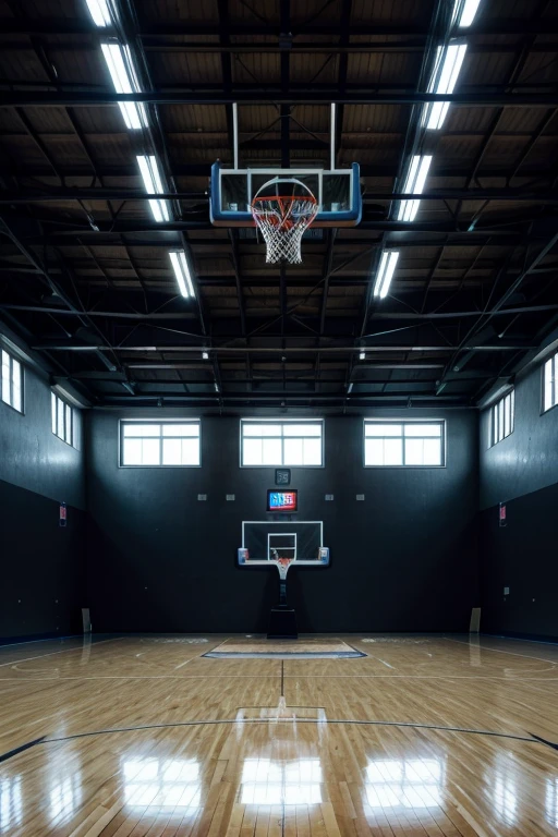 empty and dark professional basketball court, Basketball, professional photography, cool