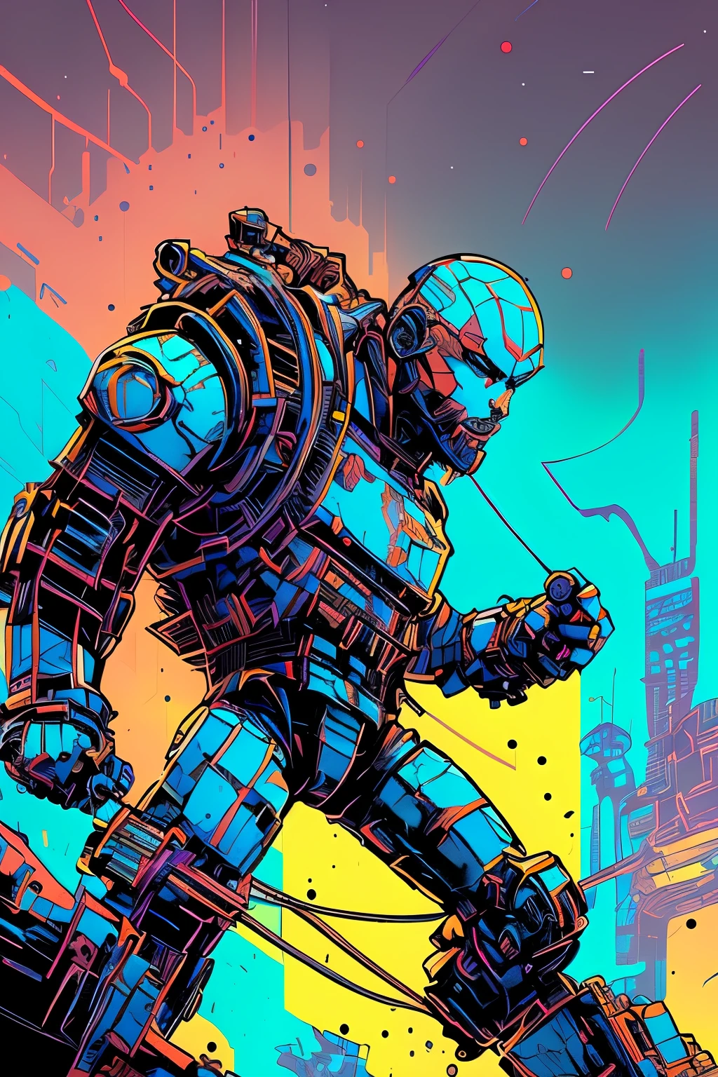 nvinkpunk, muscular robo-cop, bright brilliant colours, graffiti, abstract, new school