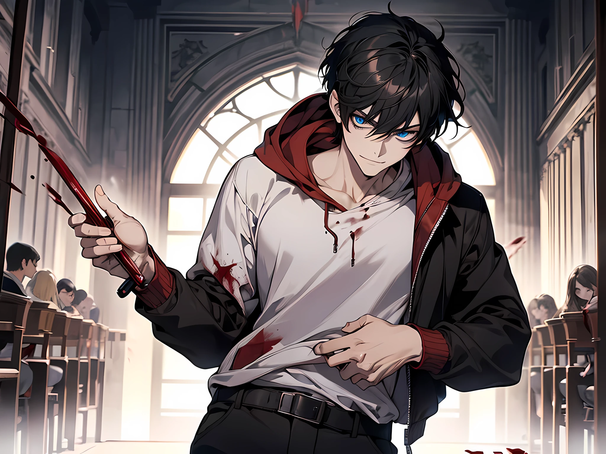 masterpiece, man, solo, black hair, short hair, blue eyes, red pupil, smirk, black hoodie, white shirt, tie, upper body, pants, background middle, castle, hero summoning hall, blood on shirt, blood, standing, detailed eyes, extremely detailed eyes