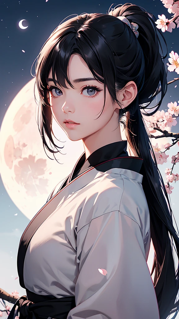 highest quality、Realistic、Night Sky、full moon、moonlight、cherry blossoms、cherry blossoms吹雪、adult woman、Japanese Zoom、look up、cute、Grey Eyes、Black Hair、ponytail、White ninja outfit、Ninja、Female ninja、背中にNinja刀、Face close-up、slender