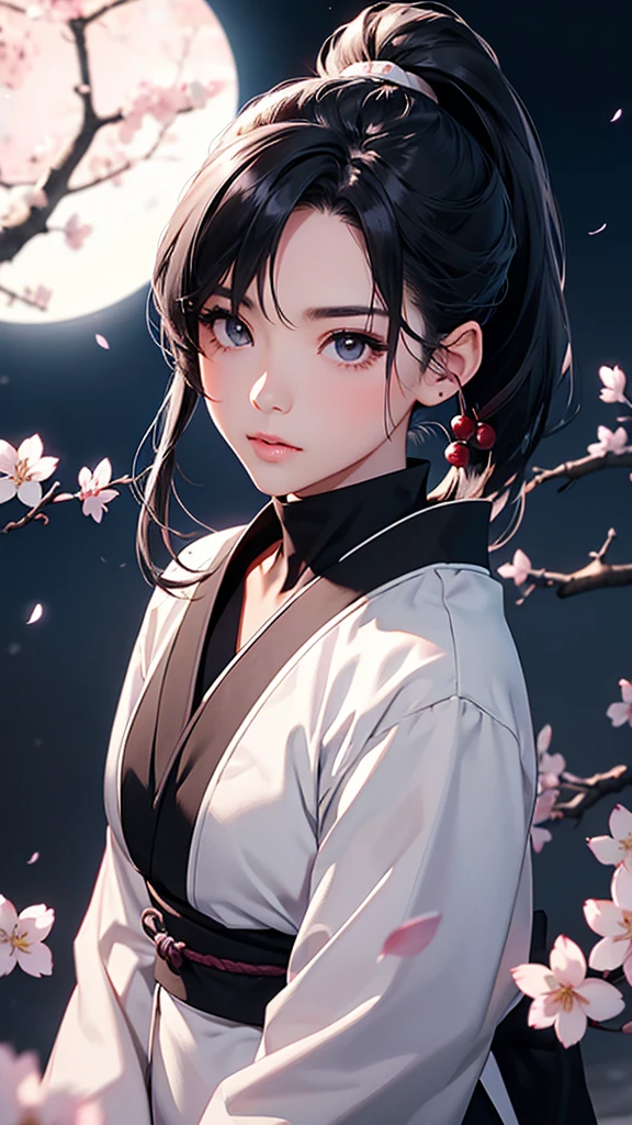 highest quality、Realistic、Night Sky、full moon、moonlight、cherry blossoms、cherry blossoms吹雪、adult woman、Japanese Zoom、look up、cute、Grey Eyes、Black Hair、ponytail、White ninja outfit、Ninja、Female ninja、背中にNinja刀、Face close-up、slender