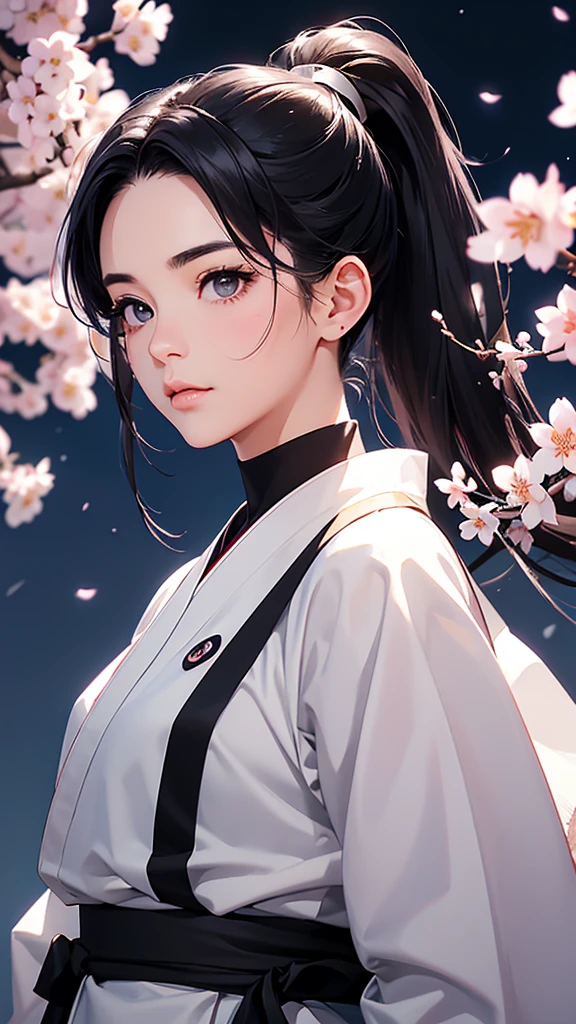 highest quality、Realistic、Night Sky、full moon、moonlight、cherry blossoms、cherry blossoms吹雪、adult woman、Japanese Zoom、look up、cute、Grey Eyes、Black Hair、ponytail、White ninja outfit、Ninja、Female ninja、背中にNinja刀、Face close-up、slender