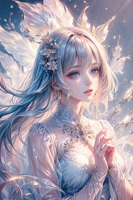 (highest quality,8k,CG,Beautiful details upper body,lonely,Thumb Girl,sheer coat dress,Floral Background,Complex facial features,Elegant long hair,Almond-shaped eyes,exquisite eye makeup,Long eyelashes fluttering,Big blinking eyes,Starry Sky,Delicate lip detail,Soft style)