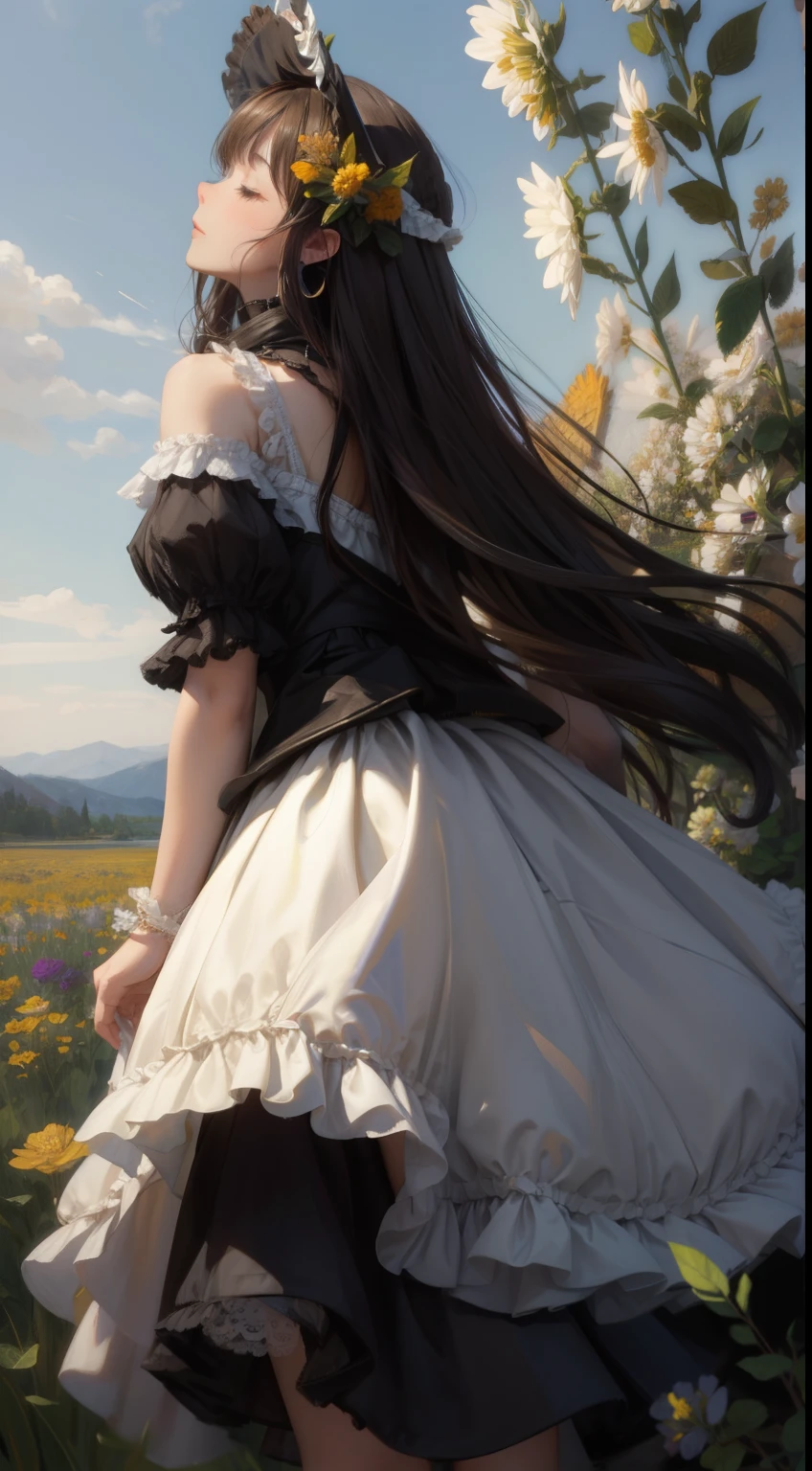 oil,Impressionism,(masterpiece, highest quality, Very detailed, Best Shadow),(Detailed Background),Realistic ,(Rembrandt),One girl, alone, flower, dress, Long Hair, close your eyes, Black Hair, white dress, Holding flower, Field, Holding, Outdoor, Grass, Realistic, Exposing shoulders, Second dimension beautiful girl