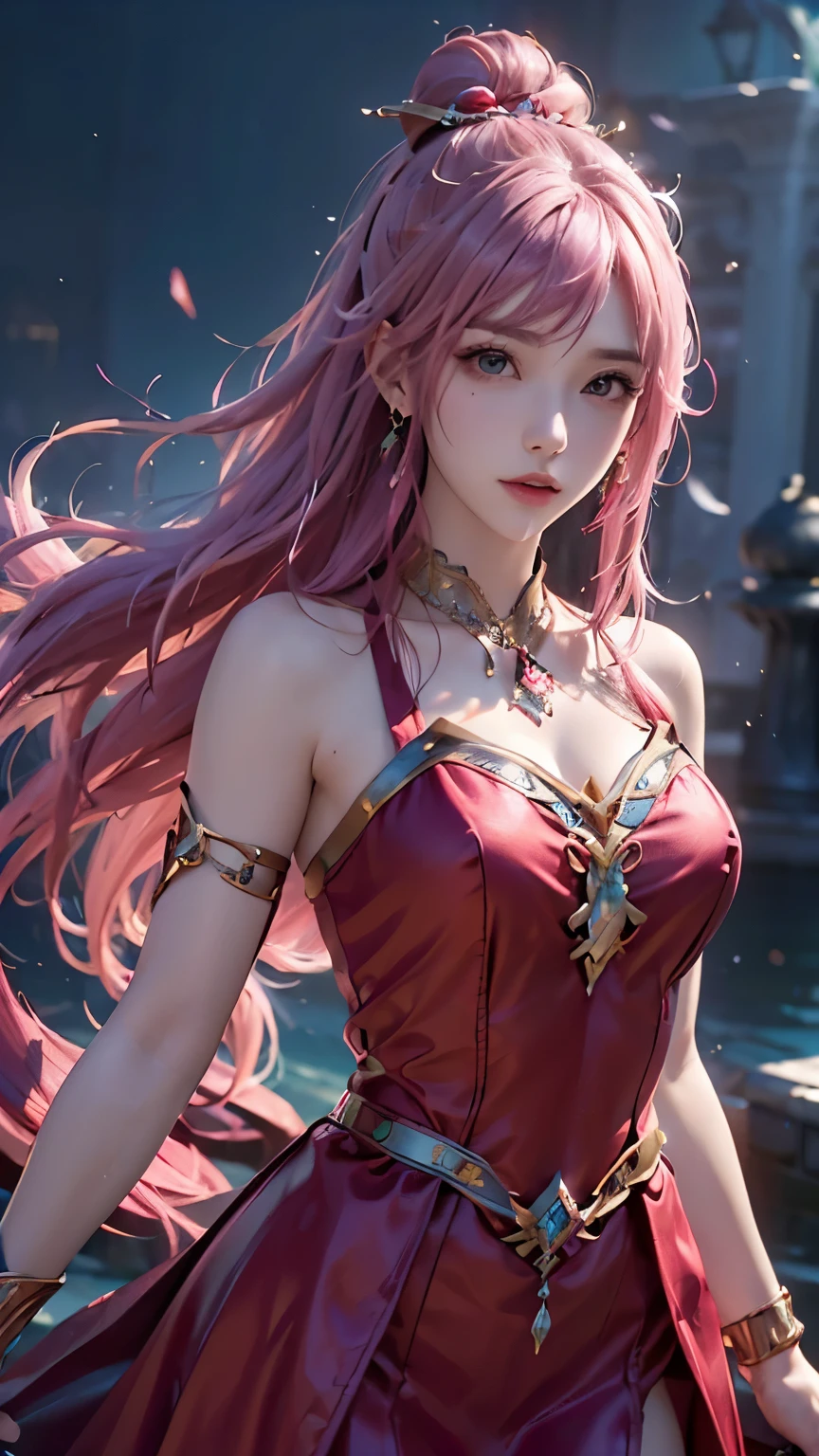 (logo、masterpiece、8k、Tabletop、RAW Photos、wonderful、最high quality、フォトリアルでVery detailedなCG統合8k壁紙、high quality、Very detailed、Narrative poem、Particle Effects、Dynamic Effects、Depth of text、Cinematic Light、Lens flare、Ray Tracing)、Fantasy、(One girl, arms, sword, Long Hair, dress, water, alone, jewelry, red dress, Earrings, hair ornaments, waterしぶき, Ultra-realistic upper body, Hair Bun, Pink Hair, Realistic city background, Lighting,Frank