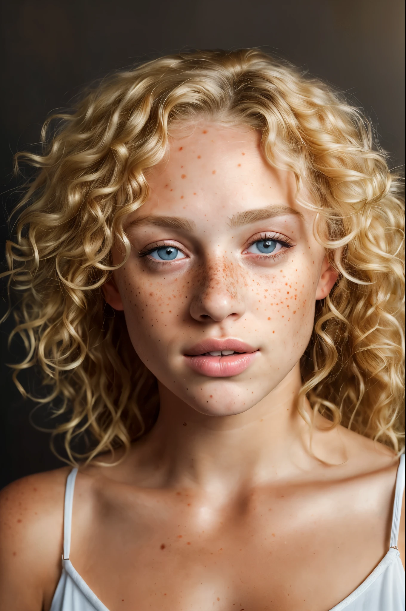 a photo portrait of a beautiful girl with curls and lots of freckles, (dirty blonde hair), (face portrait:1.5), dramatic light , Rembrandt lighting scheme, (hyperrealism:1.2), (8K UHD:1.2), (photorealistic:1.2), shot with Canon EOS 5D Mark IV, detailed face, detailed hair