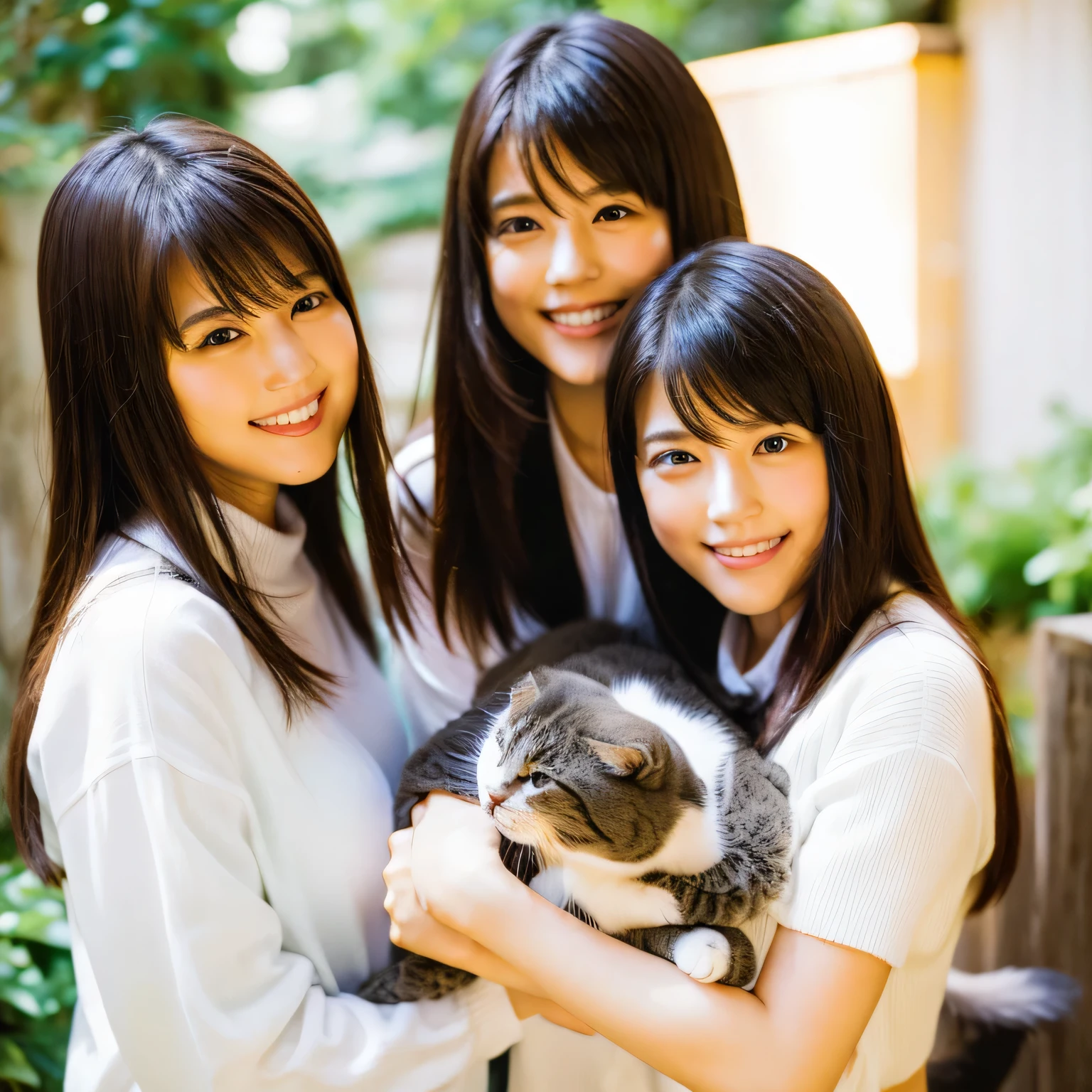 Identical twin sisters holding a cat Beautiful woman 24-years-old laughter Asian hair length