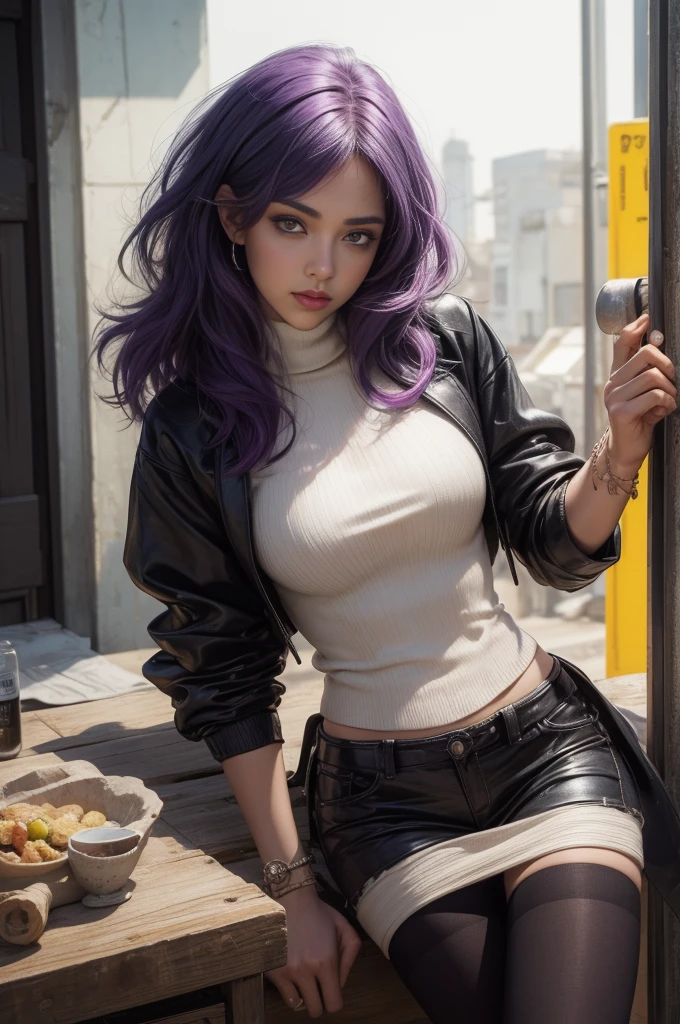 (obra-prima, melhor qualidade, 1girl, solo, detalhes intrincados, chromatic aberration), realista, ((Medium Breathment)), cabelo longo, cabelo roxo, purple head ornament, destaques roxos, cabelo sobre um olho, olhos verdes, olhos afiados, gargantilha, camisa neon, legwear rasgado, jaqueta aberta, crop turtleneck sweater, contra parede, parede de tijolos, grafite, dim lighting, beco, olhar para o espectador,((FOTOGRAFIA 8K)), HDR ,SUPER REALISTA,RAW, DETALHES HIPER-REALISTA, (cinematic style)CORES VIVAS