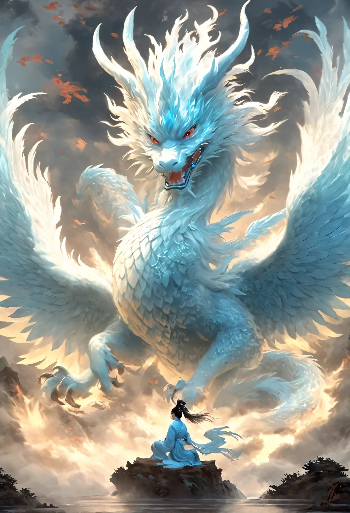 Masterpiece, 16k HD wallpaper, excellent quality, perfect structure, super detail, a painting with one chinese girl on a thronesurrounded by the phoenix beast, in the style of dain yoon, dark white and sky-blue, detailed crowd scenes, imaginative illustration, meticulous details, mythological references, action paintings::3 a painting with one chinese girl on a thronesurrounded by the phoenix beast, in the style of unique yokai illustrations, fresco paintings, otherworldly beings, kushan empire, dark white and aquamarine, high resolution, dau-al-set::5 a painting with one chinese girl on a thronesurrounded by the phoenix beast, dark white and aquamarine, unique yokai illustrations, dau al set, high resolution::2 a painting with one chinese girl on a thronesurrounded by the phoenix beast, dense composition, playful repetitions, dark white and light blue, detailed painting, unique yokai illustrations, ultrafine detail,