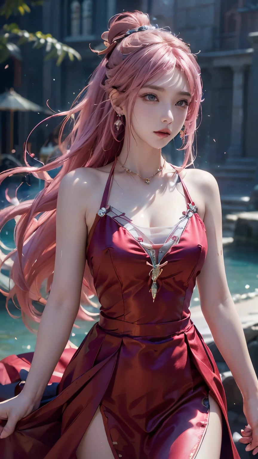 (logo、masterpiece、8k、Tabletop、RAW Photos、wonderful、最high quality、フォトリアルでVery detailedなCG統合8k壁紙、high quality、Very detailed、Narrative poem、Particle Effects、Dynamic Effects、Depth of text、Cinematic Light、Lens flare、Ray Tracing)、Fantasy、(One girl, arms, sword, Long Hair, dress, water, alone, jewelry, red dress, Earrings, hair ornaments, waterしぶき, Ultra-realistic upper body, Hair Bun, Pink Hair, Realistic city background, Lighting,Frank
