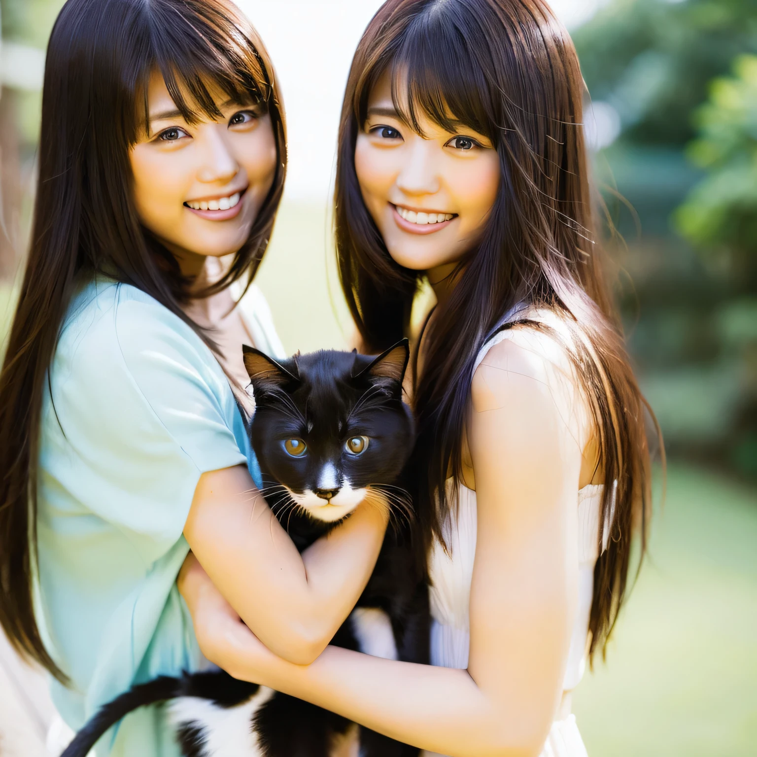 Identical twin sisters holding a cat Beautiful woman 24-years-old laughter Asian hair length