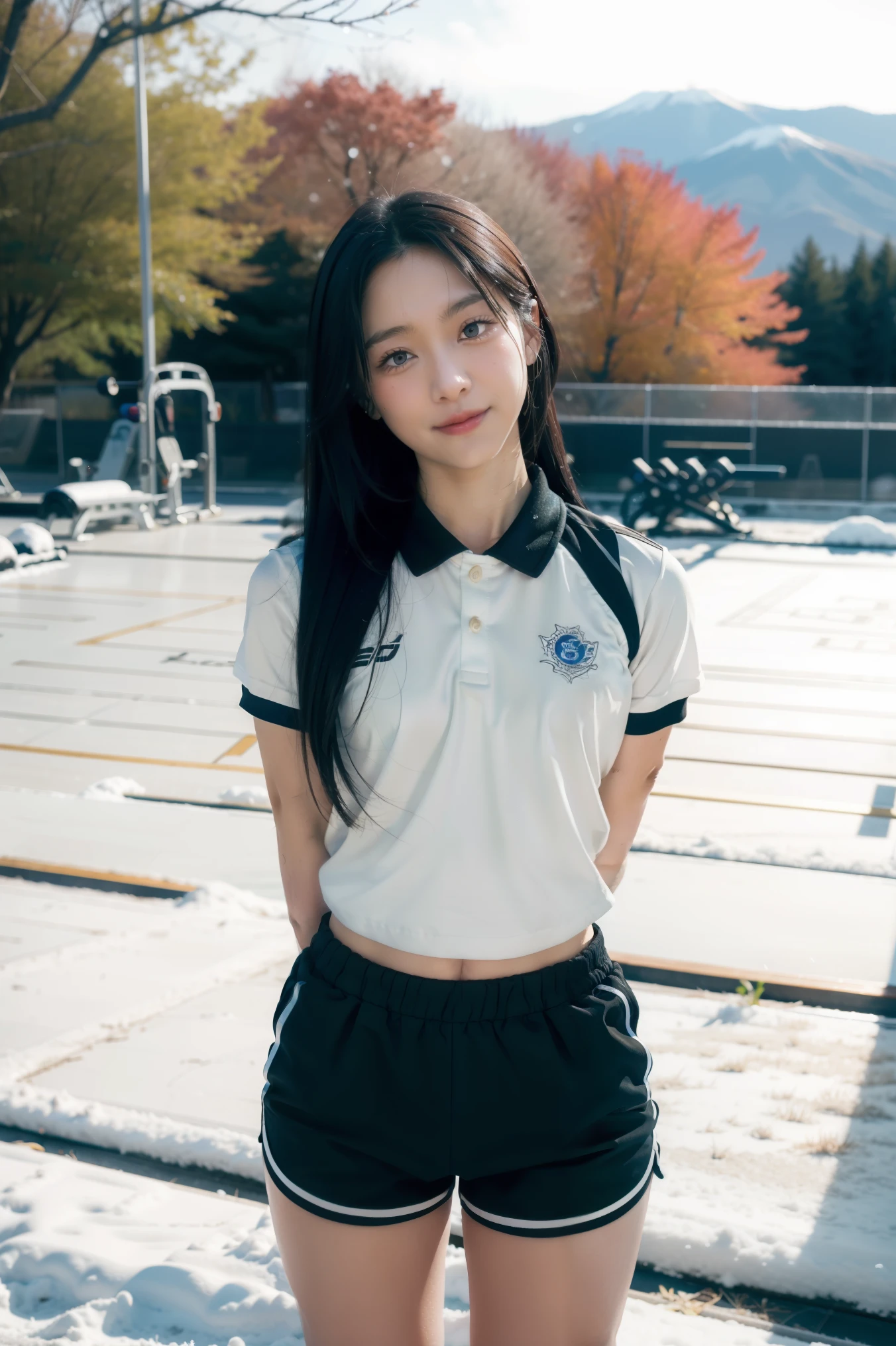 ((Obra maestra, La mejor calidad, ultrahigh resolution)), (((a girl in a Japanese gym uniform, blue Japanese ladies gym shorts, standing confidently, weilding a tennsis racket))), (((black hair, dark black hair))), long hair cut, pale skin, ((brown eyes)), glowing_eyes, neon eyes, (ultra detailed eyes:0.7, beautiful and detailed face, detailed eyes:0.9), ((centered)), ((cute smile, pretty)), facing viewer, eye level, ((vibrant background, snowy landscape, cityscape, snowing)), flat chested, looking at viewer, ((half closed eyes)), ((perfect hands)), (((head:1, arms, hips, elbows, in view))), ((hands behind back)), empty eyes, beautiful lighting, outside, outdoors, background, defined subject, 18 years old, (head tilt)