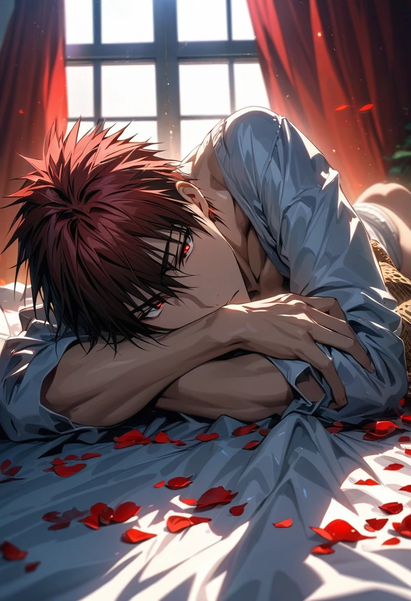 absurdres, highres, ultra detailed, HDR, masterpiece, extremely detailed face and eyes, Kagami Taiga, red short hair, expressive red eyes, Kuroko No Basket, solo, sexy man, handsome, hugging a basketball, lying on a bed, red petals, window, red curtains