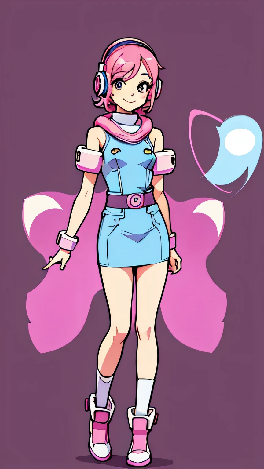 City Pop style, girl, Pink Hair, shoulder length, alone, wearing headphones, Futuristic yet lofi, retro, vintage, Ghost, light smile, full body, standing, no background, simple background, character sheet