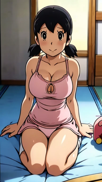 anime、detailed description、Doraemon、minamoto,woman、((40歳woman))、mother、((Big Breasts))、((Cleavage))、Red cheeks、Uplifting、Adult、sexy、((Light pink long babydoll camisole))、See-through panties、No bra、Sweating profusely、Staring at the audience、Engage your audience、Embarrassing、smile、kitchen、kitchen