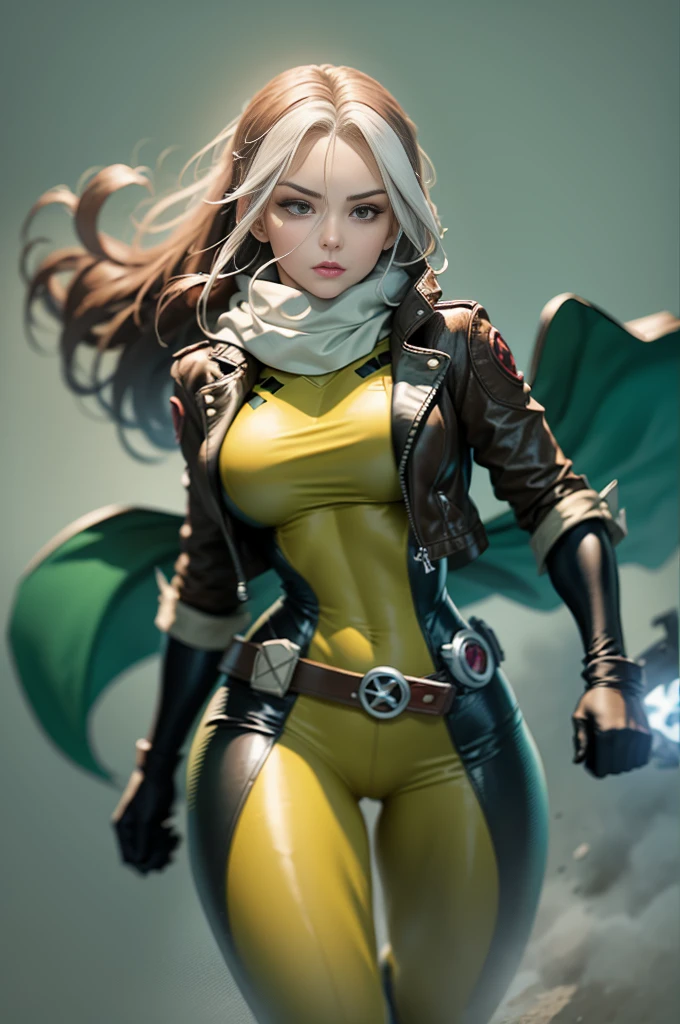 Masterpiece, hd, 8k, ultra detailed, photorealistic !(Rogue is a mutant superhero who has the power to absorb the memories, powers, and characteristics of anyone she touches. Her appearance and wardrobe have varied over the years, but some elements are constant. Rogue has brown hair with a white streak in the front, which is the result of permanently absorbing Ms. Marvel's powers¹. Her eyes are green and she usually wears discreet makeup. His most characteristic wardrobe is a green and yellow bodysuit with a brown leather jacket over it. The suit has a belt with an X and high boots. Rogue also wears gloves to prevent accidental contact with other people. Sometimes Rogue accessorizes her outfit with a scarf, cap, or sunglasses. Rogue has an athletic figure and average height. Their expression is usually confident and defiant, but can also show vulnerability and tenderness. Rogue is a southern belle who has become a leader of the X-Men)