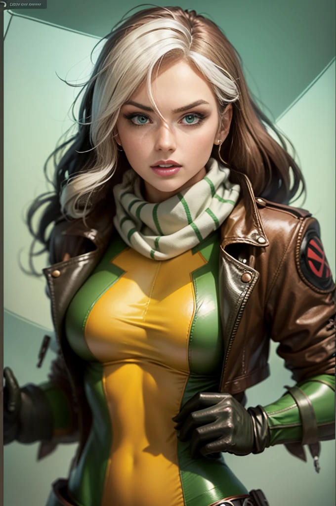 Masterpiece, hd, 8k, ultra detailed, photorealistic !(Rogue is a mutant superhero who has the power to absorb the memories, powers, and characteristics of anyone she touches. Her appearance and wardrobe have varied over the years, but some elements are constant. Rogue has brown hair with a white streak in the front, which is the result of permanently absorbing Ms. Marvel's powers¹. Her eyes are green and she usually wears discreet makeup. His most characteristic wardrobe is a green and yellow bodysuit with a brown leather jacket over it. The suit has a belt with an X and high boots. Rogue also wears gloves to prevent accidental contact with other people. Sometimes Rogue accessorizes her outfit with a scarf, cap, or sunglasses. Rogue has an athletic figure and average height. Their expression is usually confident and defiant, but can also show vulnerability and tenderness. Rogue is a southern belle who has become a leader of the X-Men)