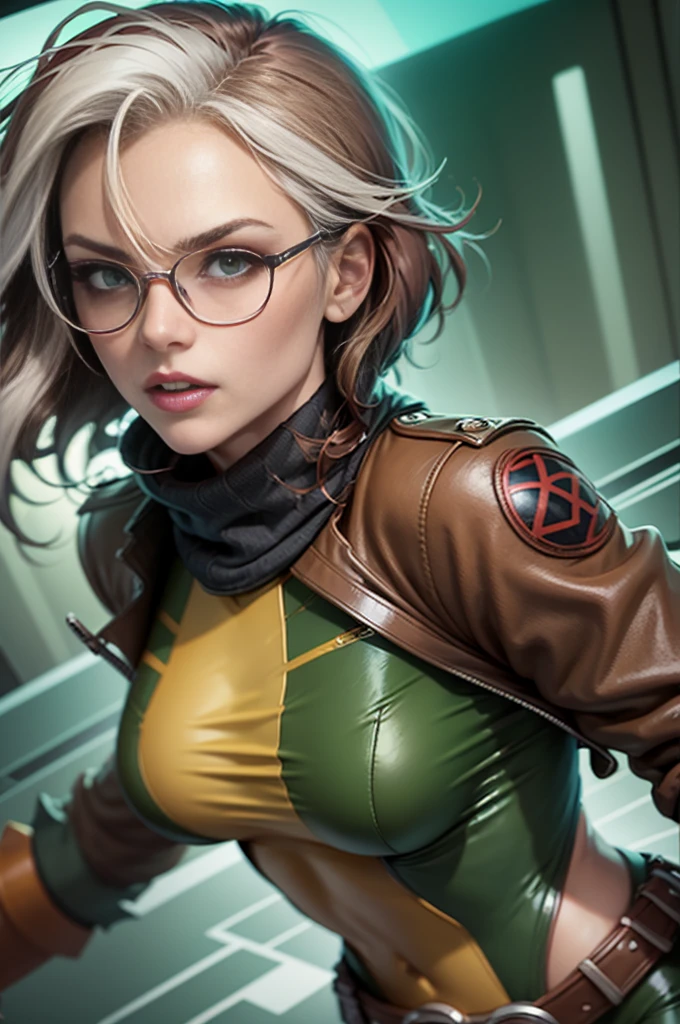 Masterpiece, hd, 8k, ultra detailed, photorealistic !(Rogue is a mutant superhero who has the power to absorb the memories, powers, and characteristics of anyone she touches. Her appearance and wardrobe have varied over the years, but some elements are constant. Rogue has brown hair with a white streak in the front, which is the result of permanently absorbing Ms. Marvel's powers¹. Her eyes are green and she usually wears discreet makeup. His most characteristic wardrobe is a green and yellow bodysuit with a brown leather jacket over it. The suit has a belt with an X and high boots. Rogue also wears gloves to prevent accidental contact with other people. Sometimes Rogue accessorizes her outfit with a scarf, cap, or sunglasses. Rogue has an athletic figure and average height. Their expression is usually confident and defiant, but can also show vulnerability and tenderness. Rogue is a southern belle who has become a leader of the X-Men)