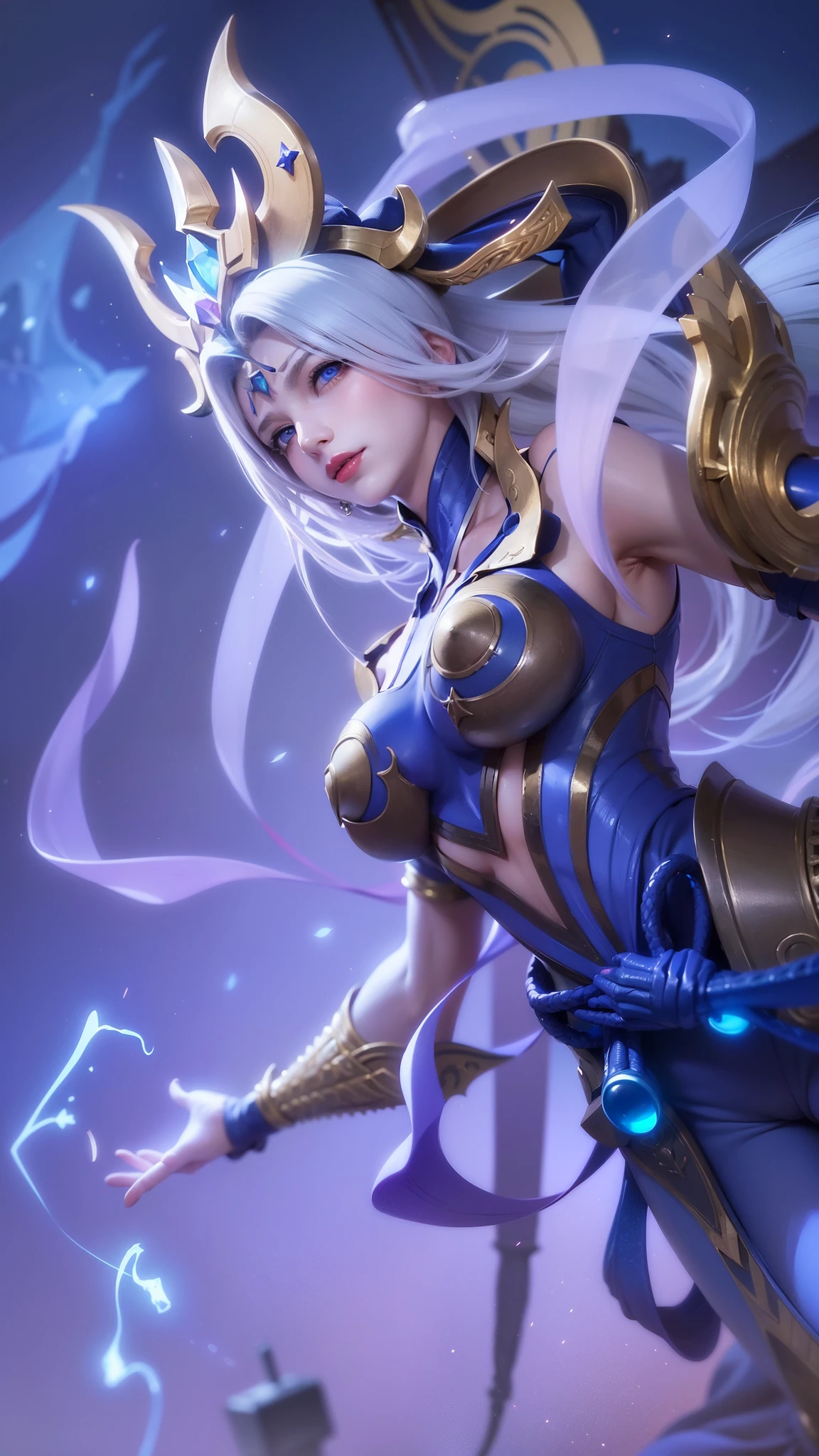 (female:1.2), 8k, ultra hd, ultra detailed texture, hyper realistic, masterpiece, detailed texture, detailed face, detailed skin, detailed lighting, (photorealistic:1.5), best quality, beautiful lighting, cinematic lighting, professional lighting, ultra highres, realistic, detailed hair, real hair, high quality, (realskin:1.5), extremely detailed, finely detail, ultra-detailed, 1girl, solo, elf, pointy ears, standing, demon horns, forehead protector, (blue eyes:1.5), v-shapped eyebrow, lips, red lips, evil smile, nose, make up, pretty, beautiful, cute face, long hair, blue hair, high ponytail, large breasts, cleavage, armpit, navel, stomach, black armor, pauldrons, bare shoulders, shoulder armor, thigh high, sleevless, detached sleeves, breastplate, gauntlets, karina \(mobile legends\), depth of field, looking aways, white skin, skin tight, amazing pose, outdoors, glowing, dark view.
