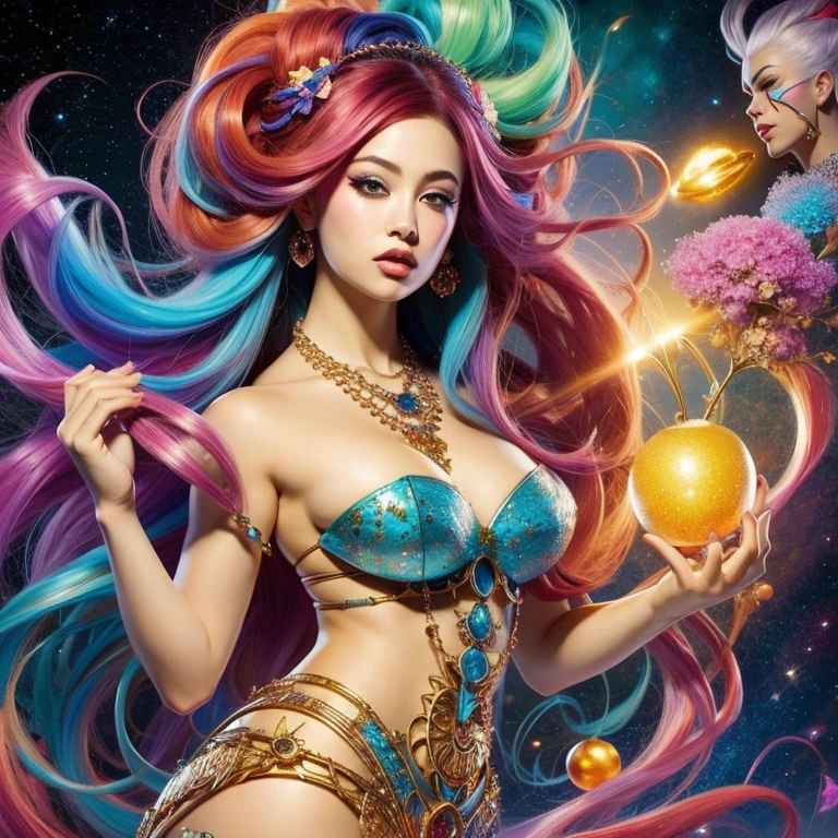 Close-up of a woman with Colorida hair and necklace, anime girl with cosmic hair, The smooth vibe of Rossdraws, Arte em estilo Gouviz, estilo de arte de fantasia, Colorida], estilo de fantasia vibrante, Desenho animado Rossdraws cheio de energia, cosmic and Colorida, Guweiz, Colorida digital fantasy art, estilo de arte impressionante, lindo estilo de anime, Pele branca, casaco de noite,