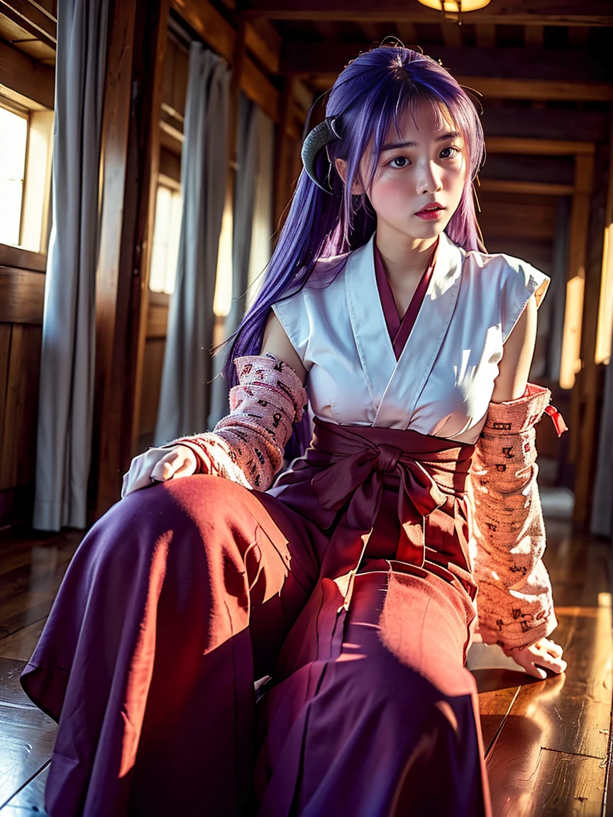 (1 girl), (Best quality at best:1.4), (ultra - detailed), (extremely detailed CG unified 16k), A Beautiful Girl: 1.4, Sharp Focus: 1.2, very detailed, High-definition RAW color photo, professional photoshooting, amazing face and eyes, (amazingly beautiful girl), ((Hanyuu, 11 years old girl)), ((japanese clothes, miko, detached sleeves, hakama, hakama skirt, skirt, red hakama, ribbon-trimmed sleeves)), standing, (Dark and stylish inside temple), (look from down), realistic cinematic face, head to feet long wide zoomed out view, full body long view, photorealistic, ((realistic natural purple hair style, horns, long hair, purple eyes, blush)), extremely beautiful face, perfect beauty, pout mouth, Highly Detailed Face and Skin Texture, Detailed Eyes, Double Eyelids, Small Breasts, cleavages, western, (masterpiece), best quality, high resolution, extremely detailed, blurred background, depth of field, cinematic lighting, amazing legs, high heels, clear and well-cared skin, drinking red wine