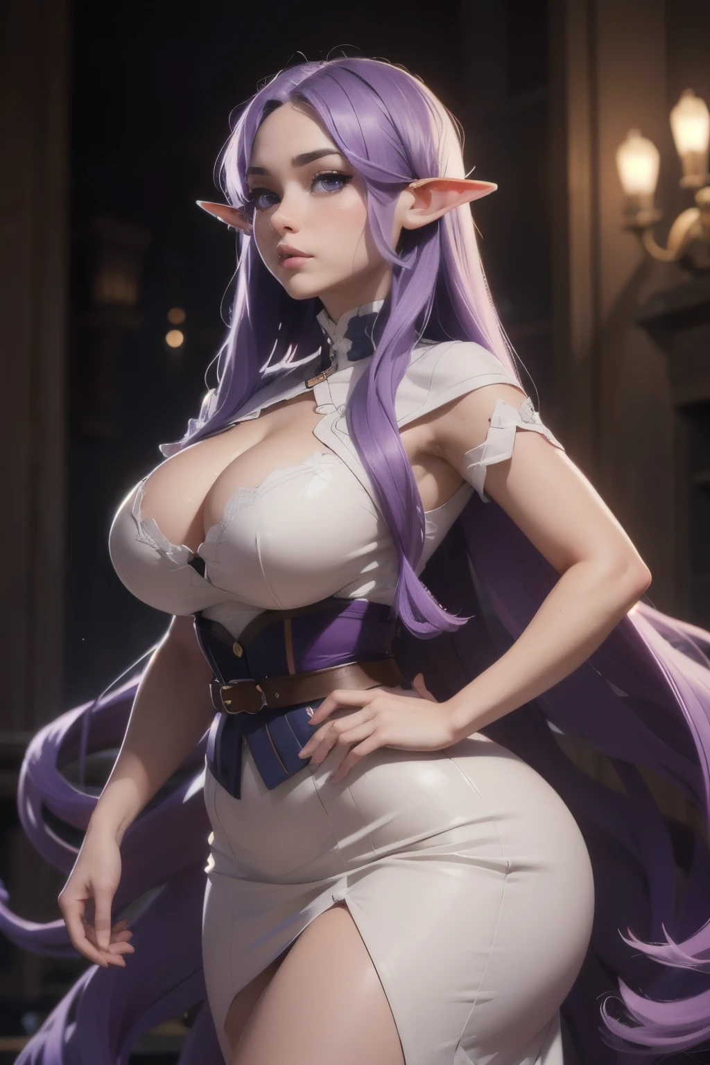 ((Quinella_Admin)),((thicc)),((wide hips)),((wide waist 1.0)),((Elf)),((best quality)), ((masterpiece)), (detailed),((large prominent breasts))masterpiece, ultra HD, realistic masterpiece, blurred background, relaxed poses, full lips, perfect hands, perfect eyes, perfect face, perfect details, sharp focus, voluptuous,(purple hair, purple eyes)