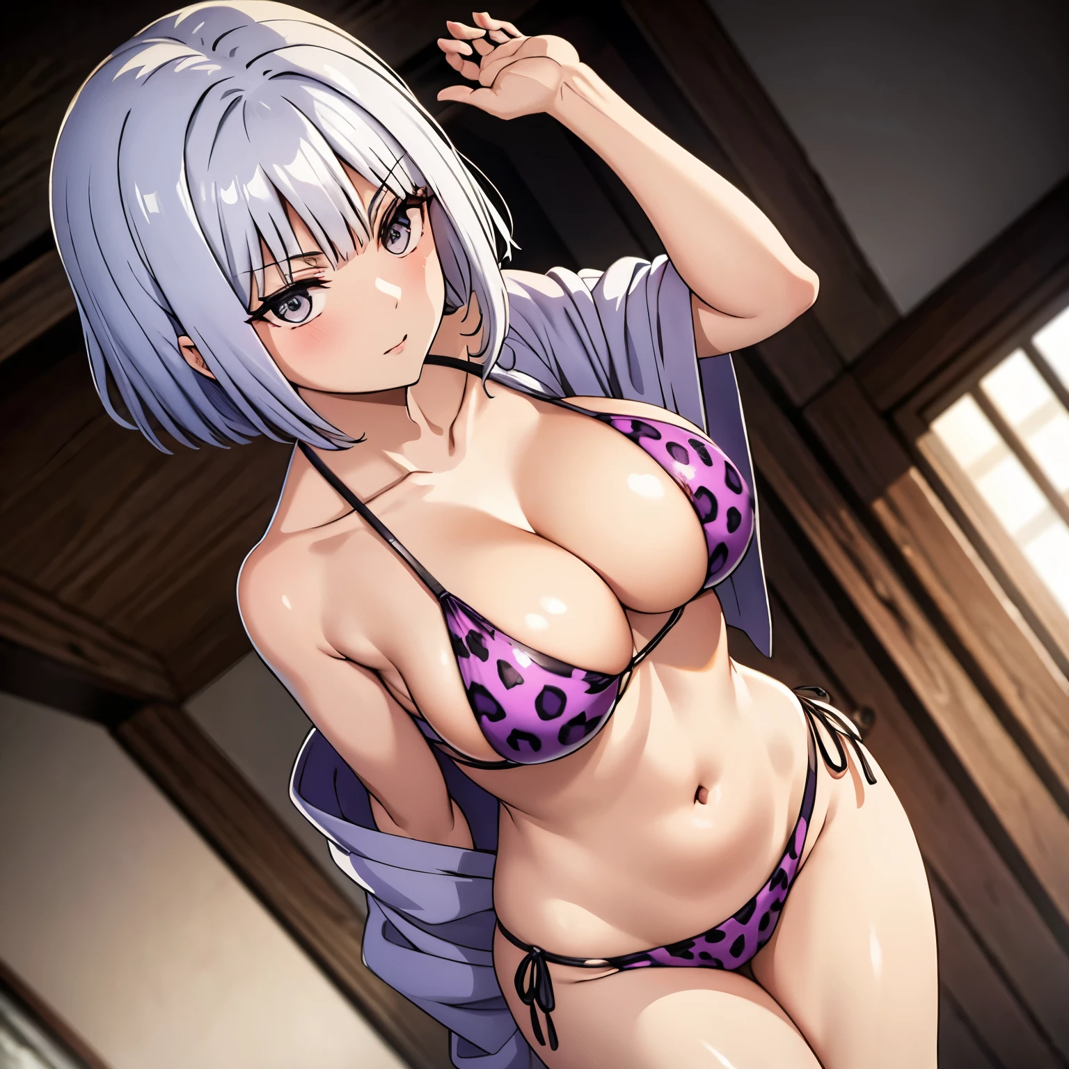 beautiful girl 30 years old short silver hair. cinta en su cabeza violeta. cabello corto. pechos grandes sonrisa picara. purple leopard print bikini,. de pie en medio de un lago cristalino cuerpo mojado. gotas de agua. 